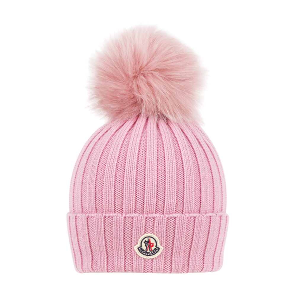 【Moncler】Logo 毛球及美麗諾羊毛毛帽(粉色)