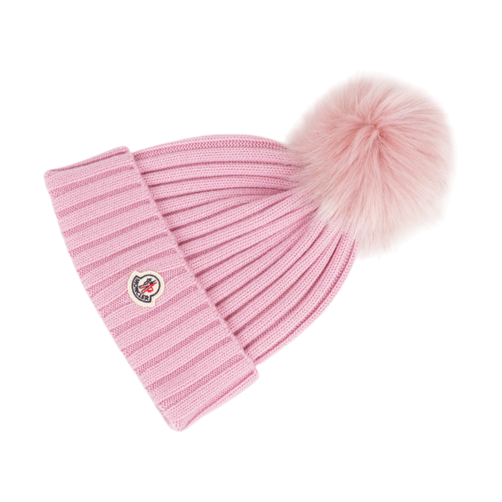 【Moncler】Logo 毛球及美麗諾羊毛毛帽(粉色)