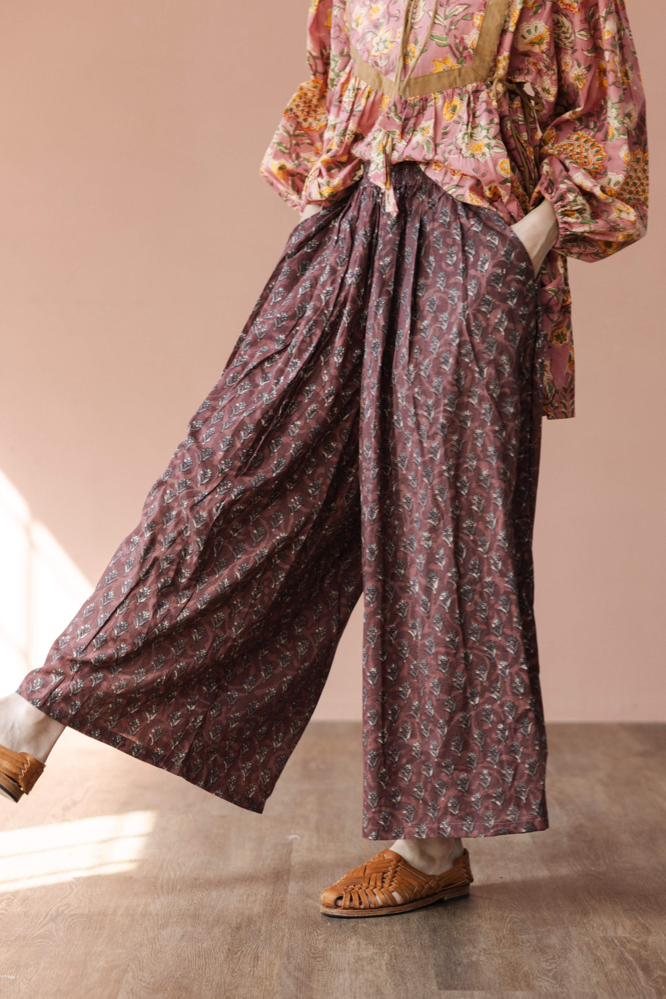 木刻印寬擺褲_紅酒小花