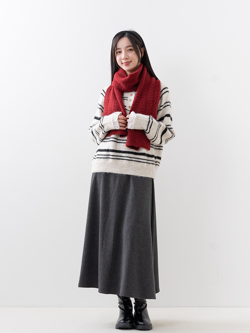 蕾絲條紋針織毛衣顯瘦針織棉A字長裙