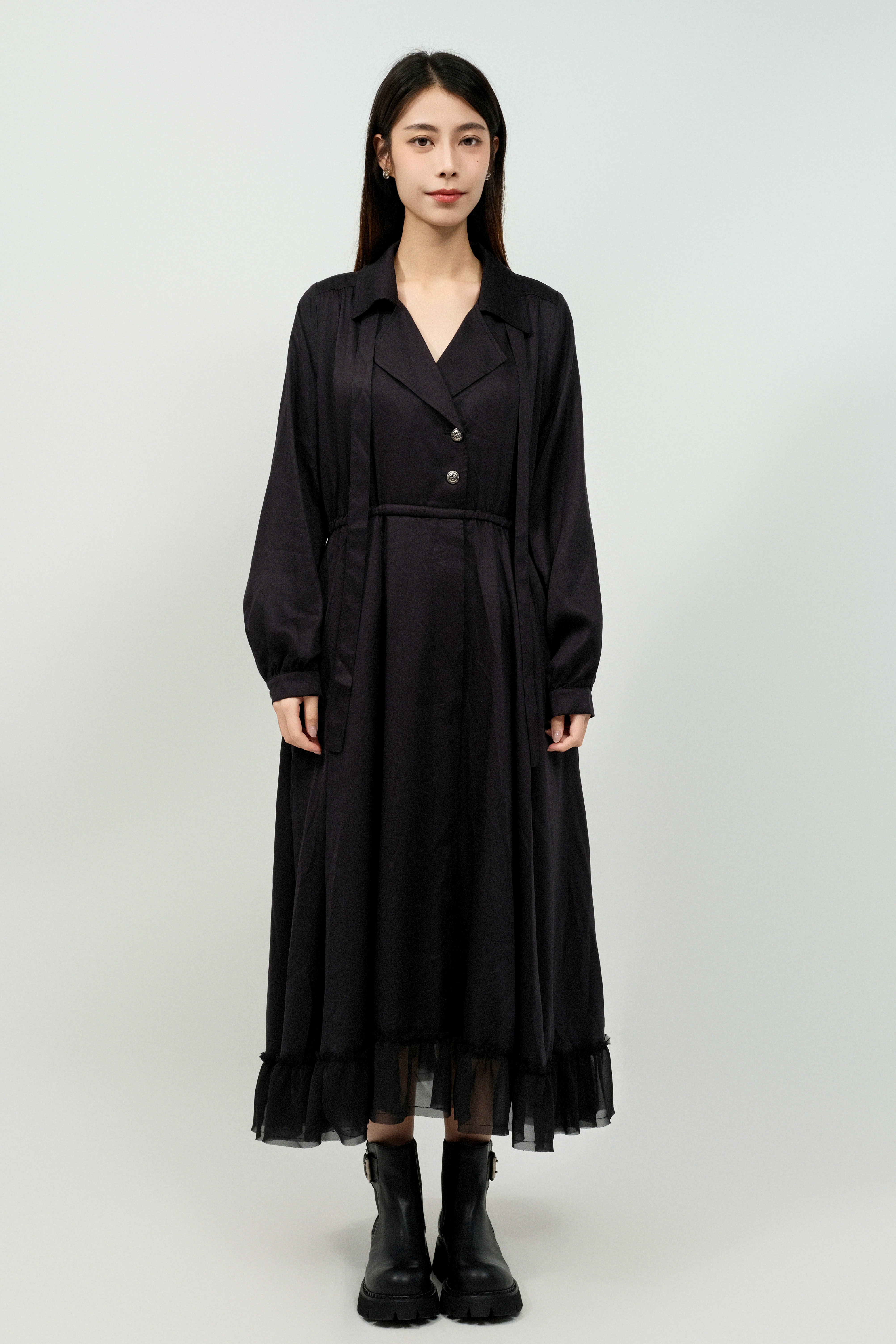 開領荷葉雪紡腳連身裙 (預購產品）