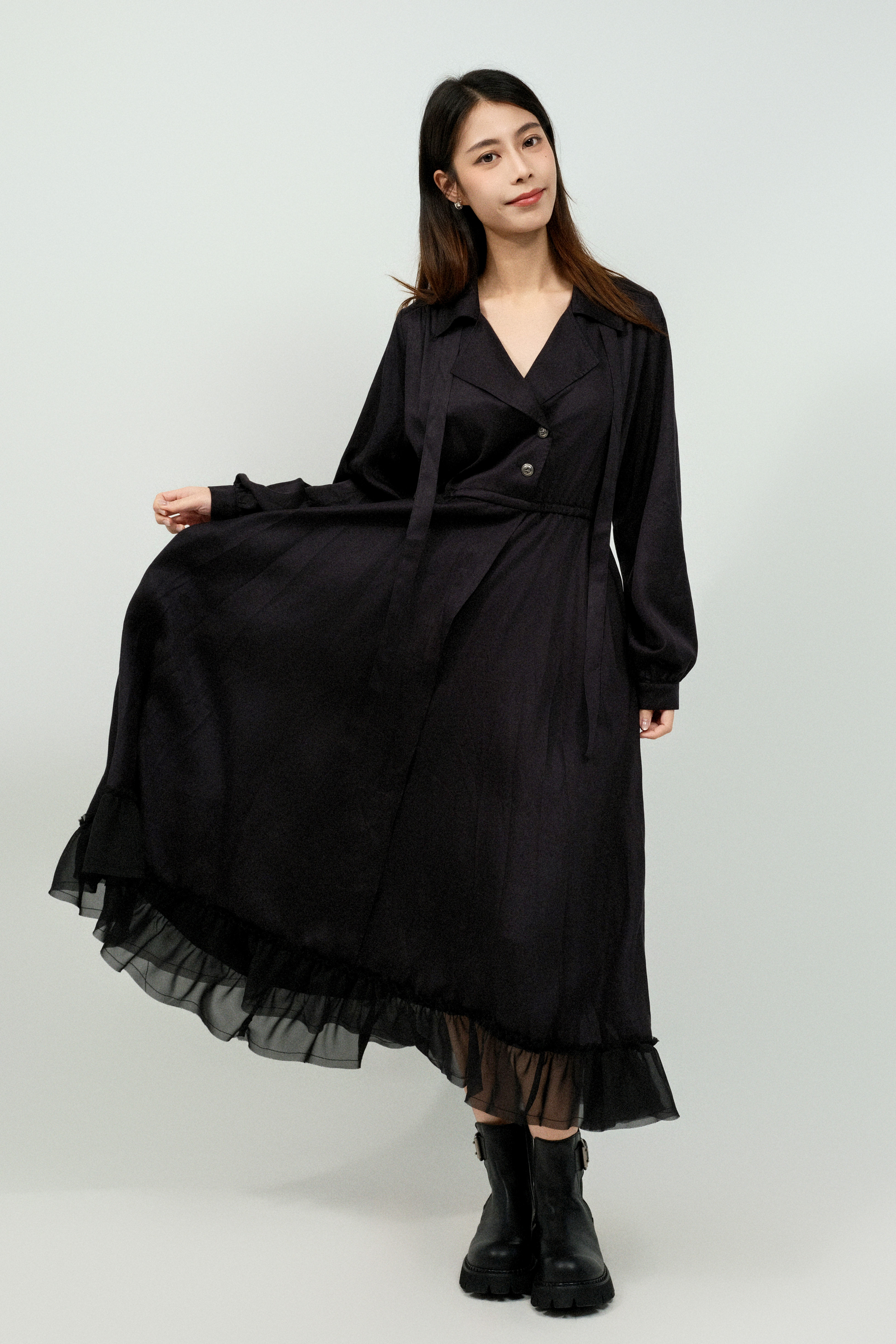 開領荷葉雪紡腳連身裙 (預購產品）