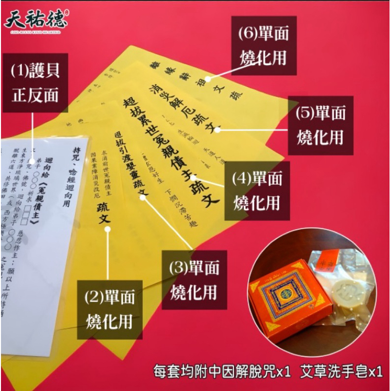 《天祐德》整套疏文及持咒、唸經迴向用❤️6張含艾草皂跟咒輪‼️