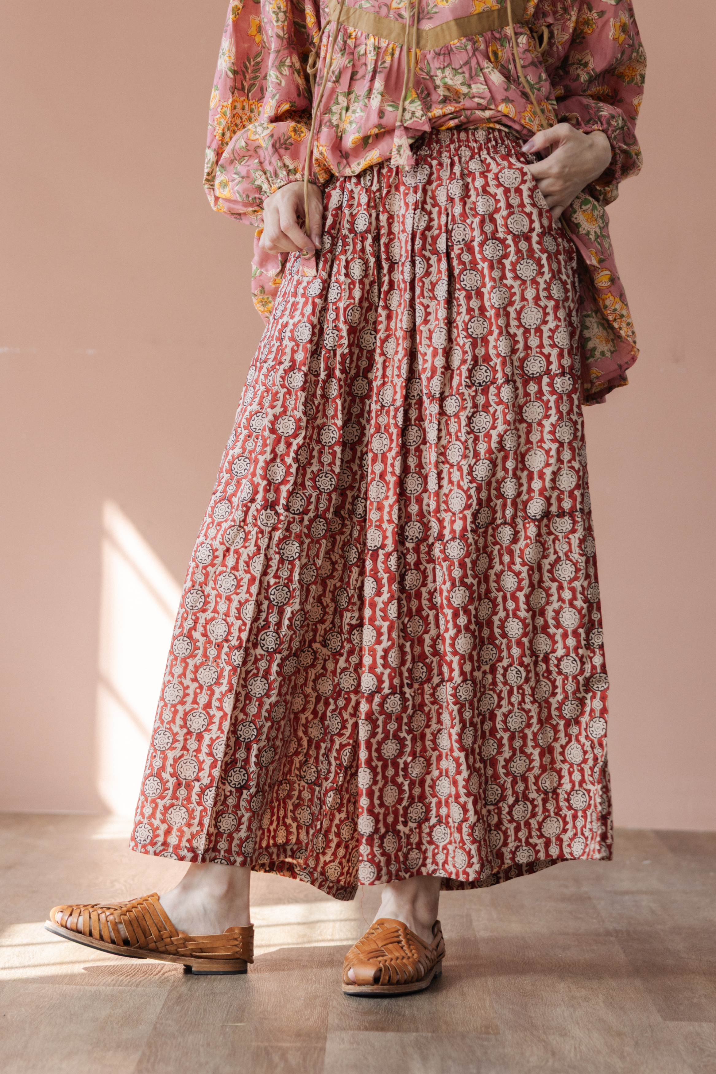 木刻印寬擺褲_紅花