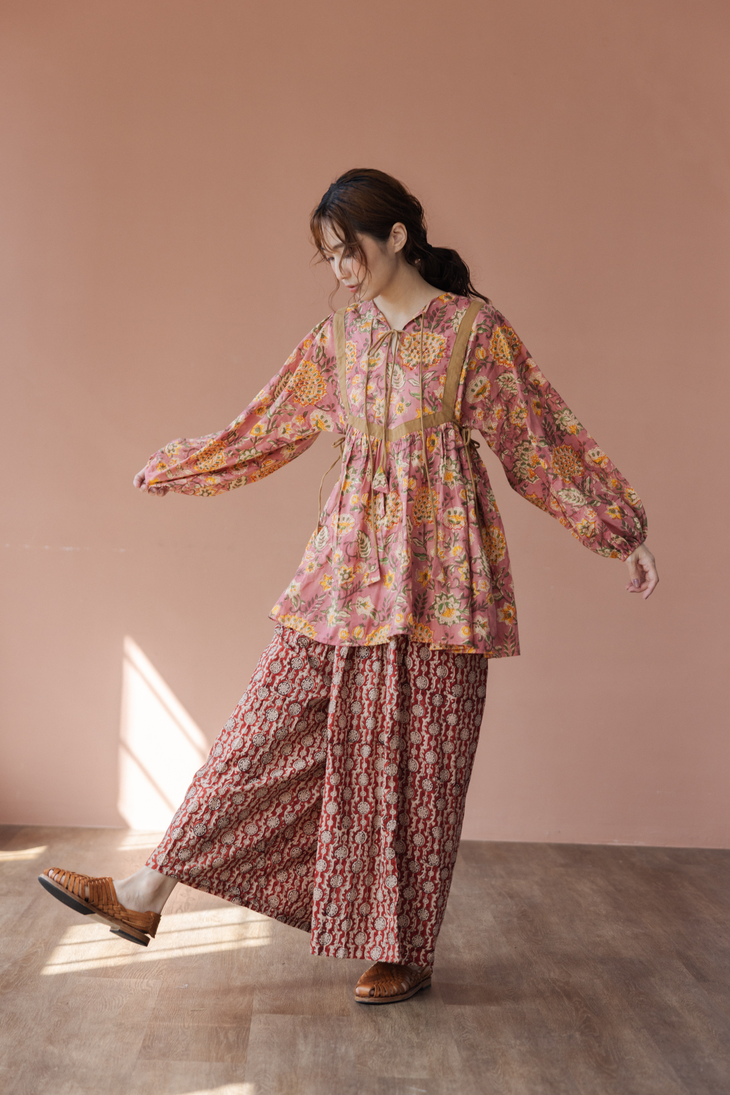 木刻印寬擺褲_紅花