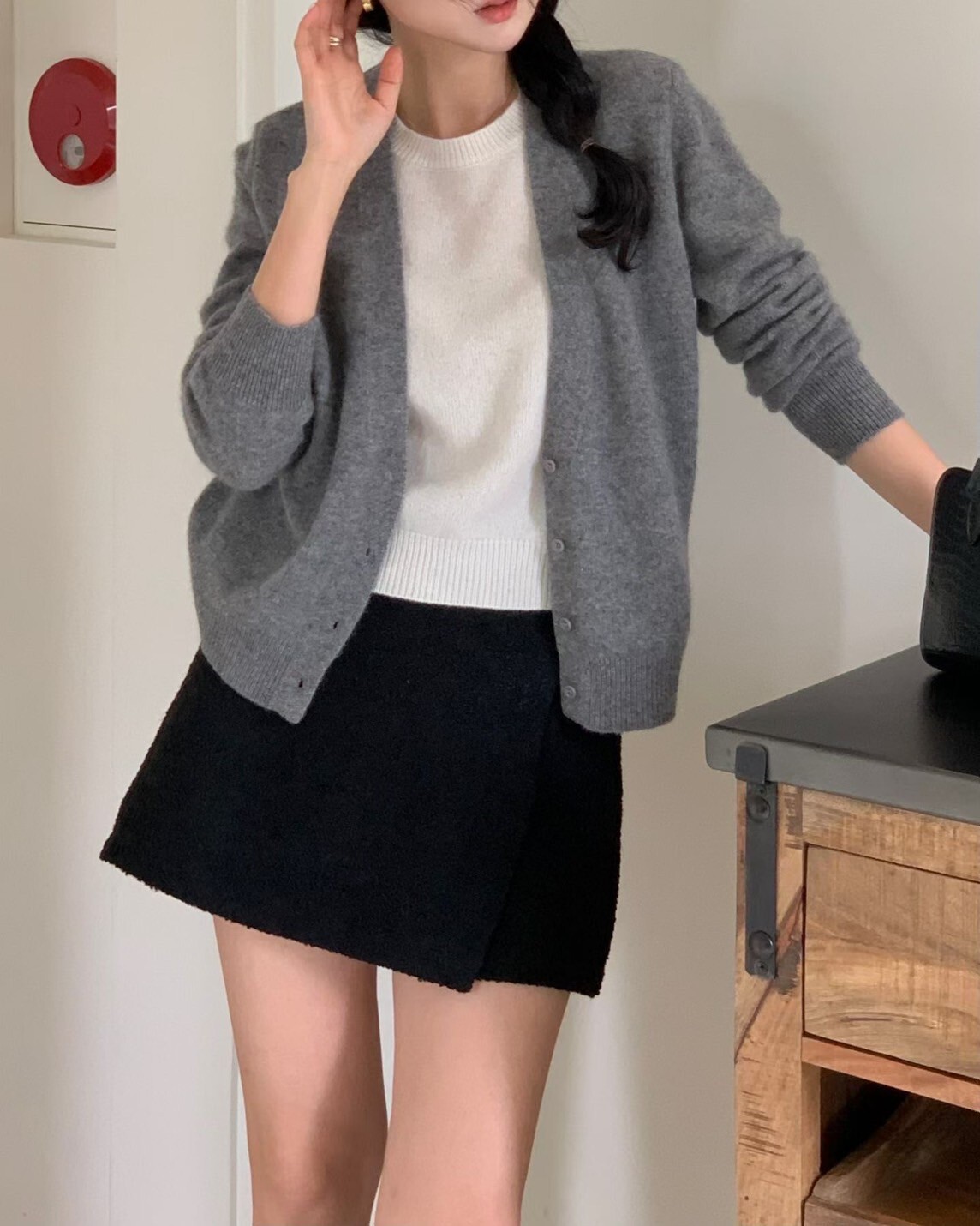 配色假兩件羊毛/浣熊毛圓領罩衫上衣-F / 3色