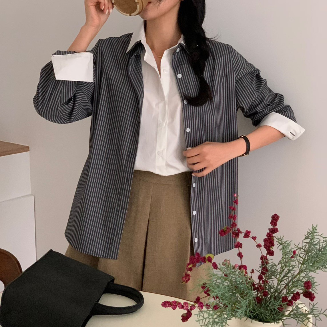 配色假兩件翻領直條紋襯衫上衣-F / 2色