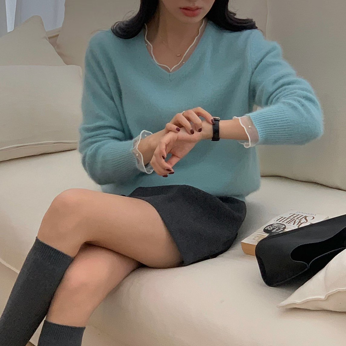 浪漫歐根紗滾邊羊毛/浣熊毛V領上衣-F / 3色