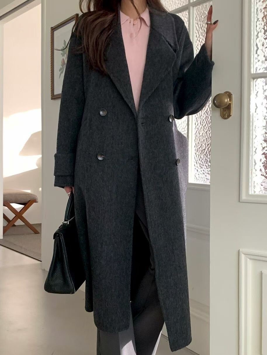 韓妞氣息雙排釦V領長版大衣外套-F / 4色