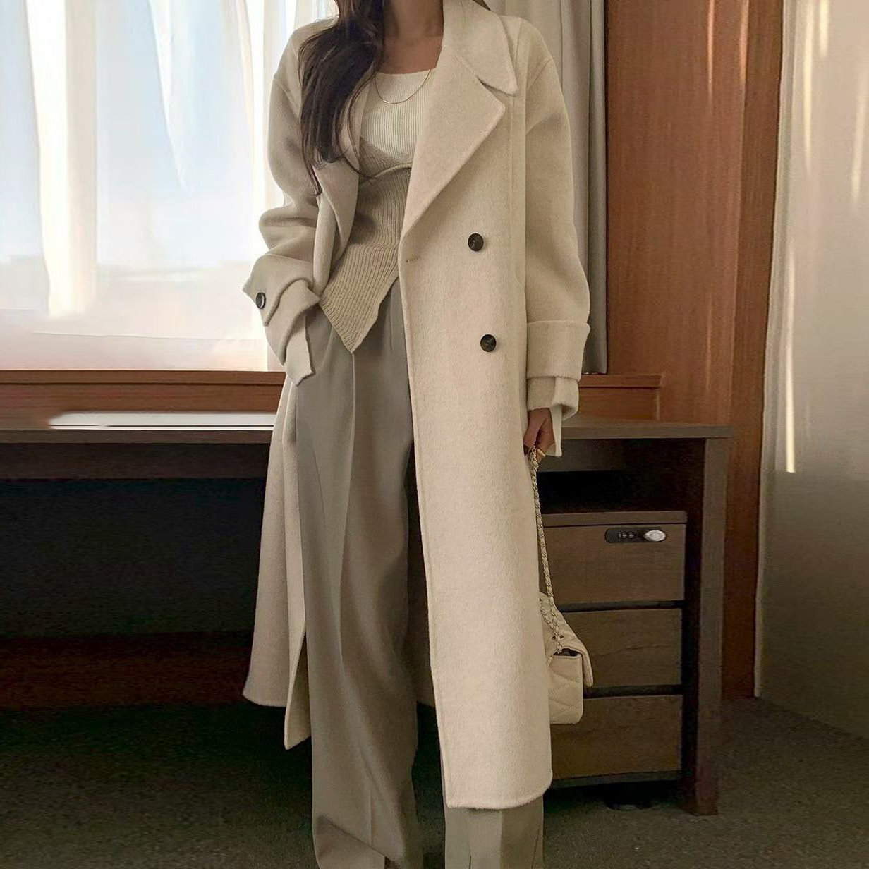 韓妞氣息雙排釦V領長版大衣外套-F / 4色