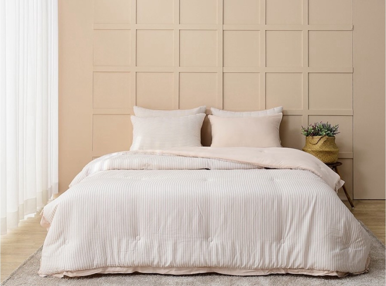 現貨-天絲四季厚被條紋(灰/杏)