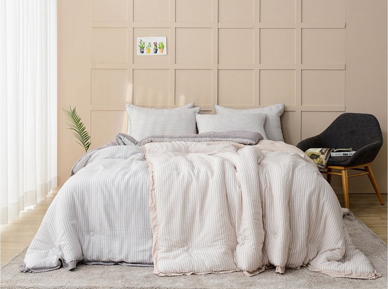 現貨-天絲四季厚被條紋(灰/杏)