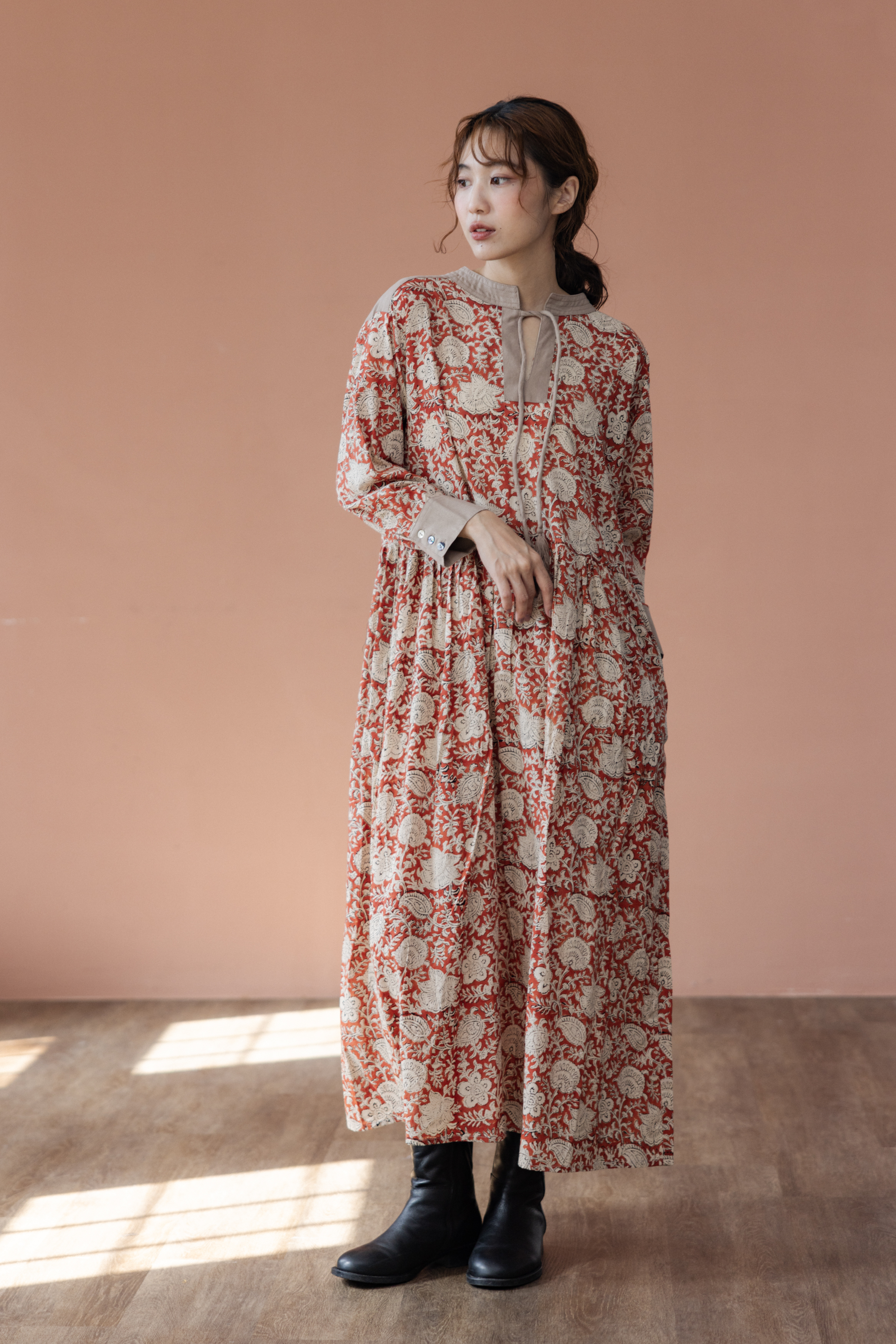 前綁帶長袖長洋裝_紅