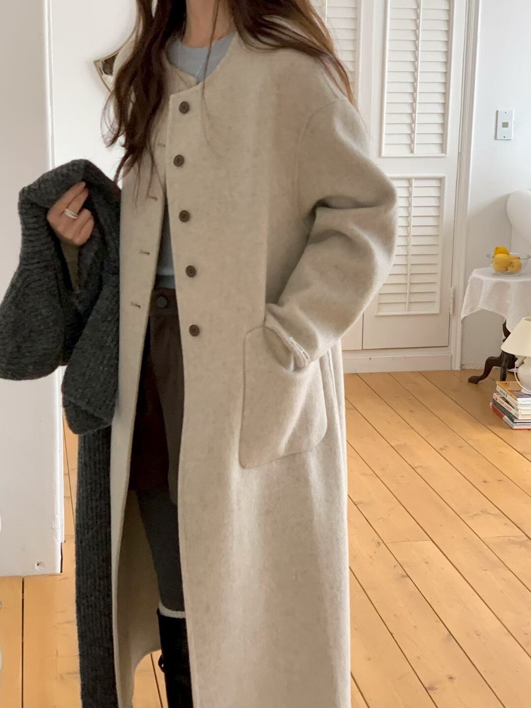 附帽子圍巾造型圓領排釦羊毛大衣外套-F / 3色