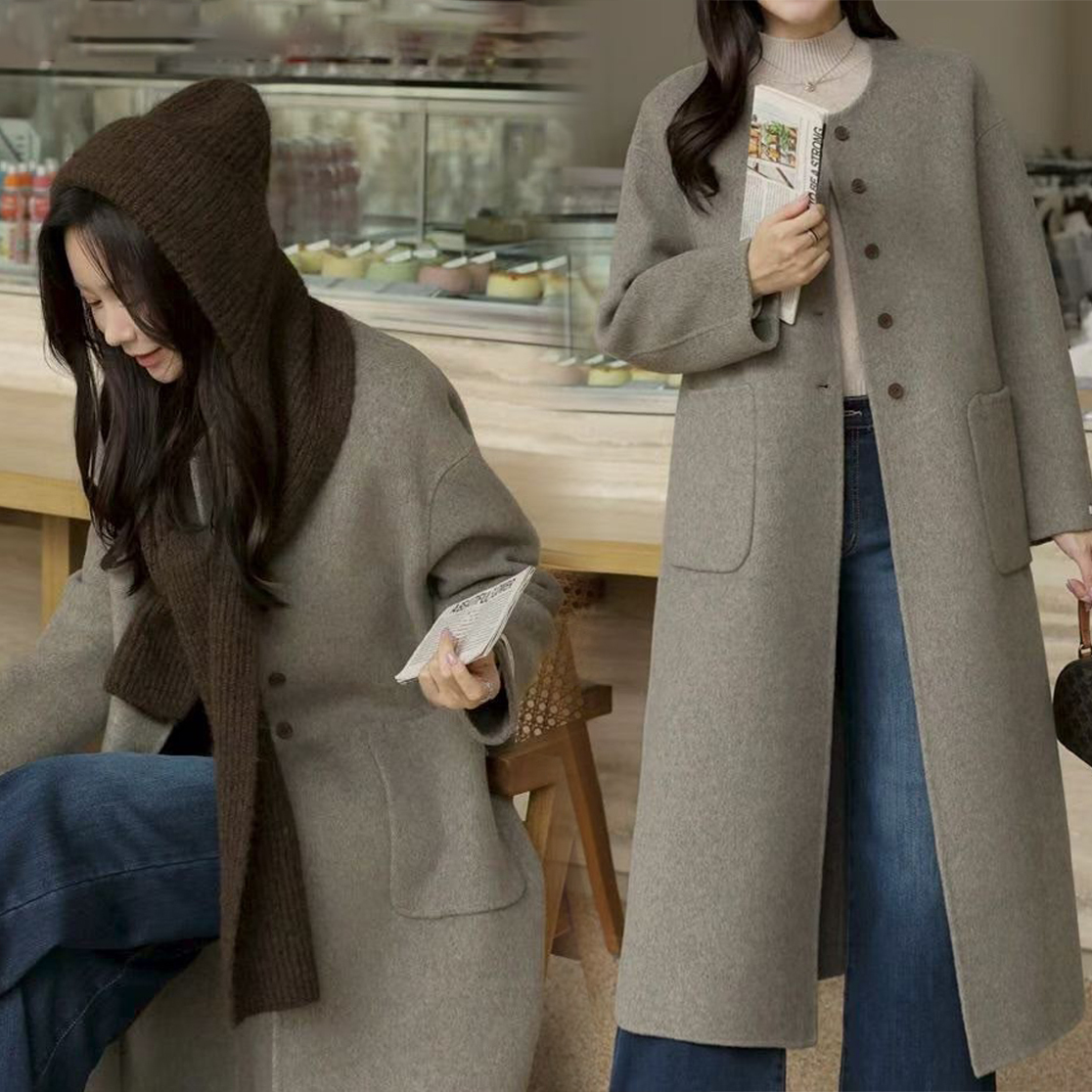 附帽子圍巾造型圓領排釦羊毛大衣外套-F / 3色