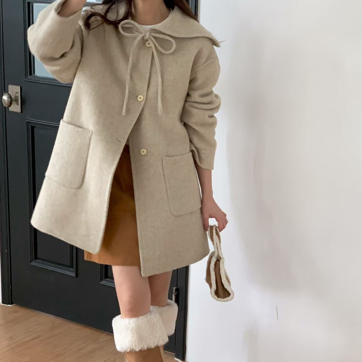 可愛綁帶蝴蝶結領片羊毛短大衣外套-F / 2色