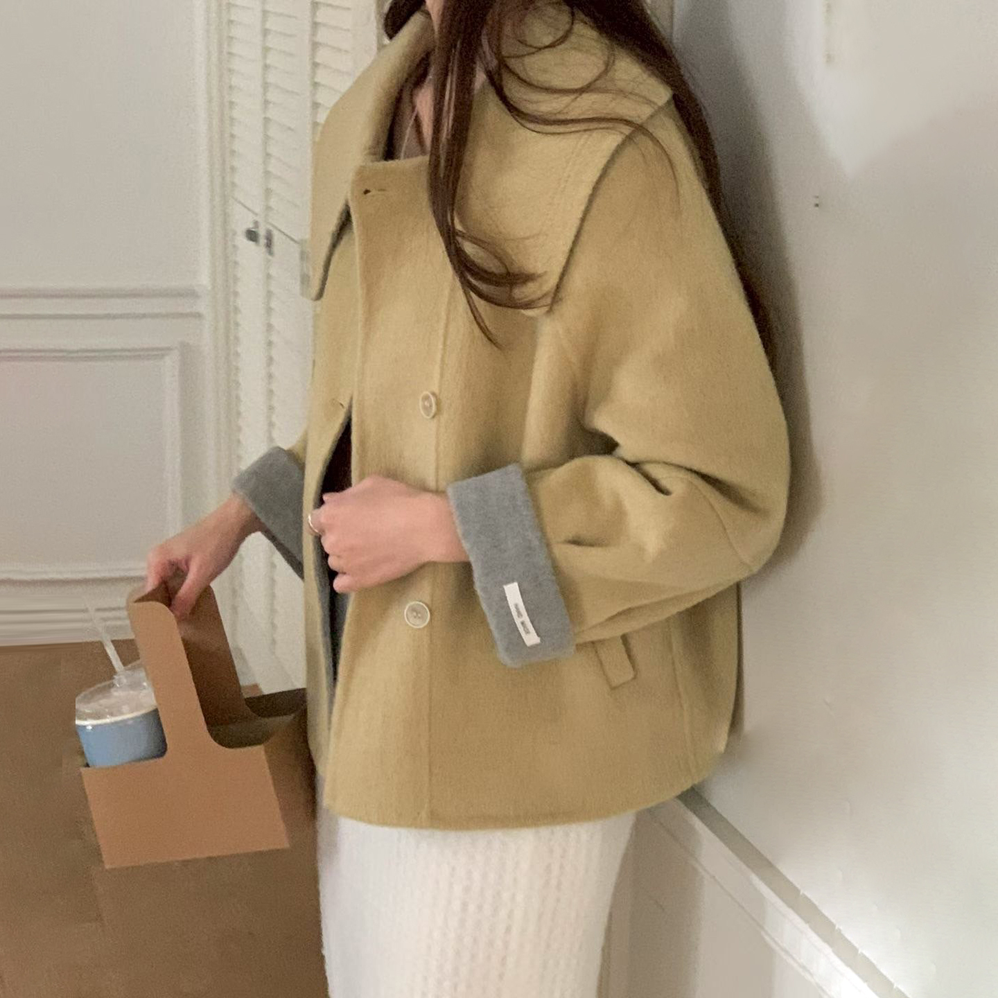 配色反摺手袖造型落肩排釦羊毛外套-F / 3色