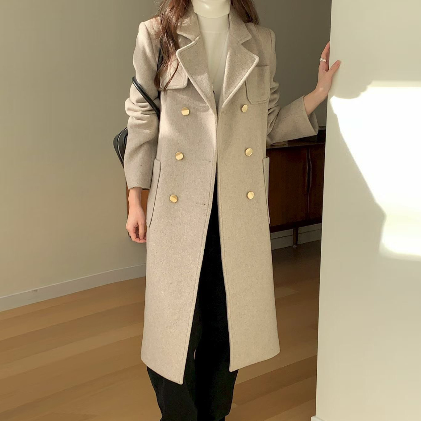 迄質感金色雙排釦合肩長版羊毛大衣外套-F / 3色