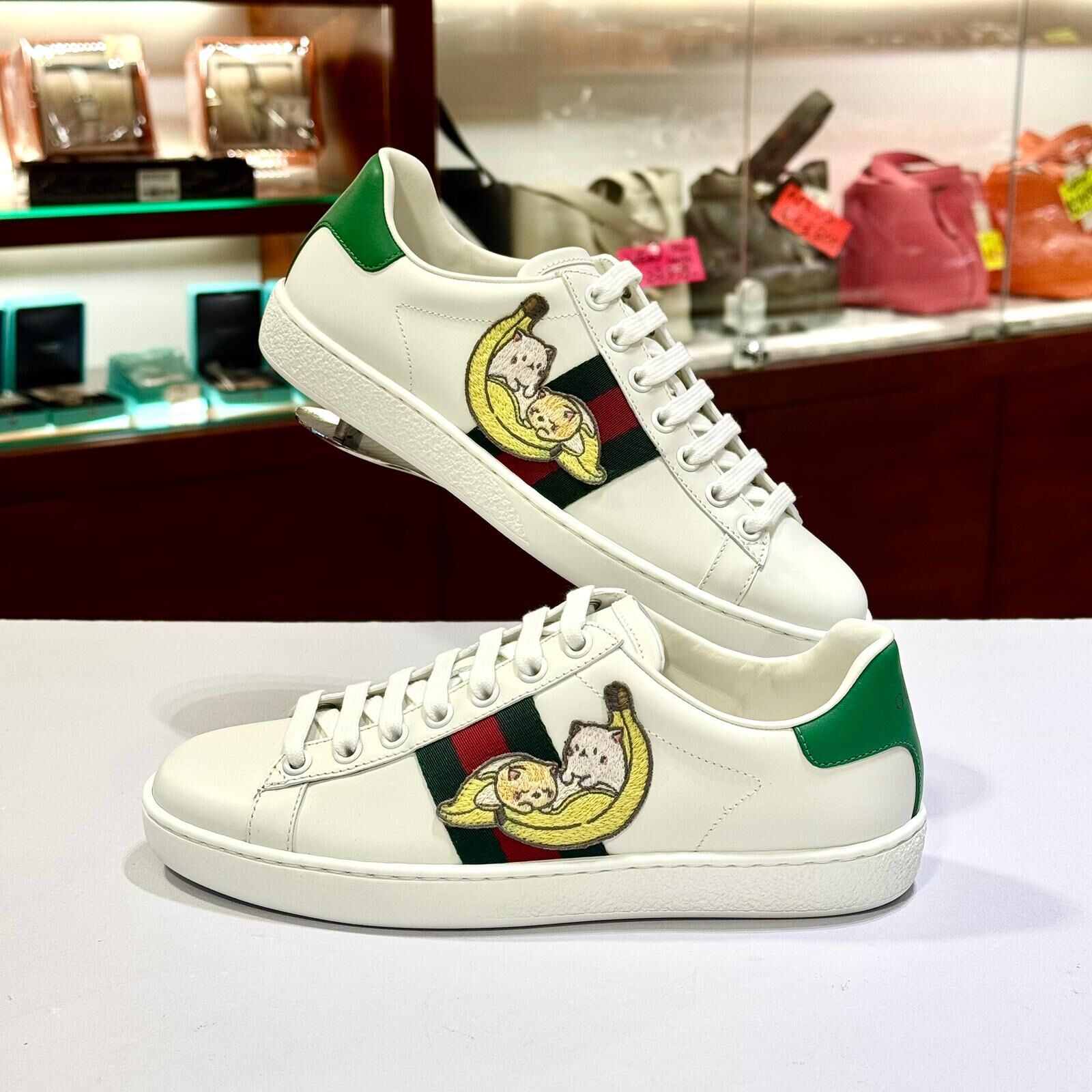 全新GUCCI Sneakers White Bananya Ace 661663  35碼 刺繡貓咪/香焦圖案(綠尾)  古奇波鞋 #BRAND NEW #香榭站正品