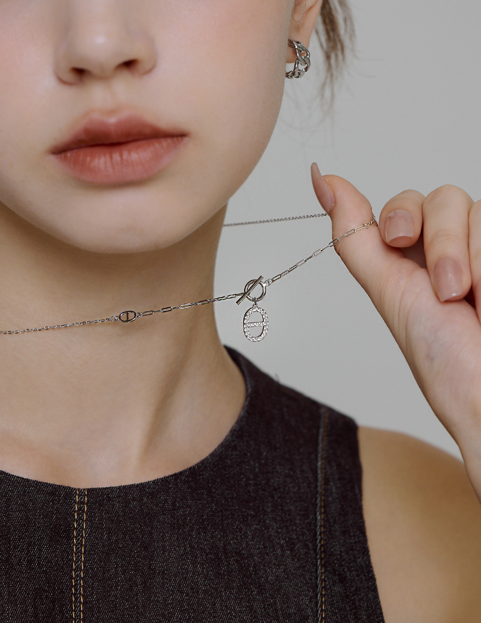 【925純銀】輕奢排鑽豬鼻項鍊