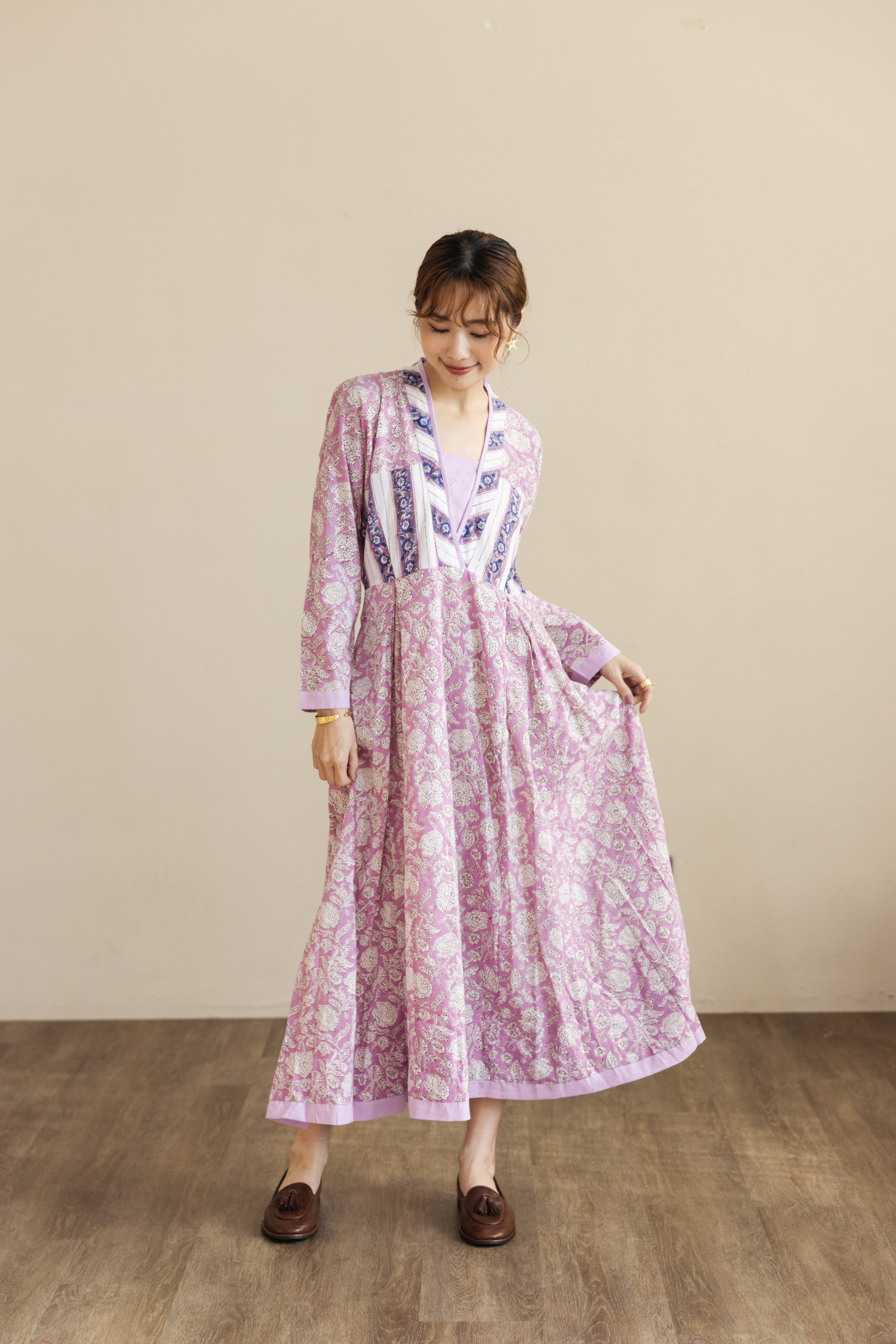 長袖修身拼接長洋裝_紫花