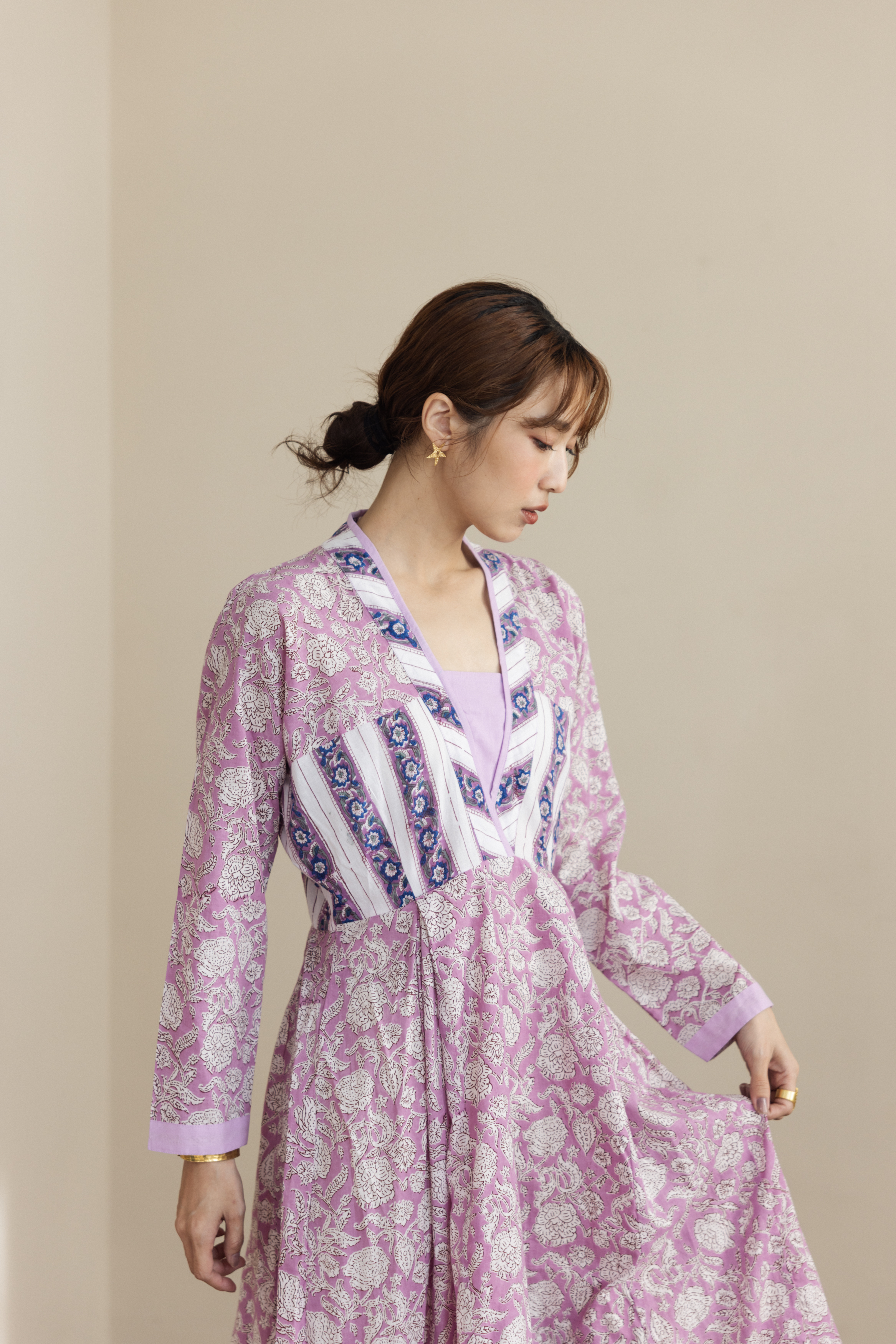 長袖修身拼接長洋裝_紫花