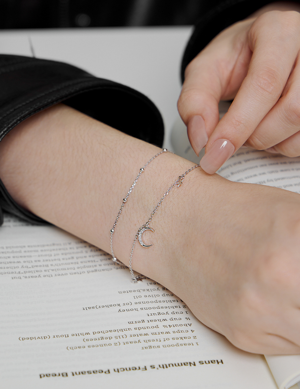 【925純銀】 星月點鑽雙層手鍊