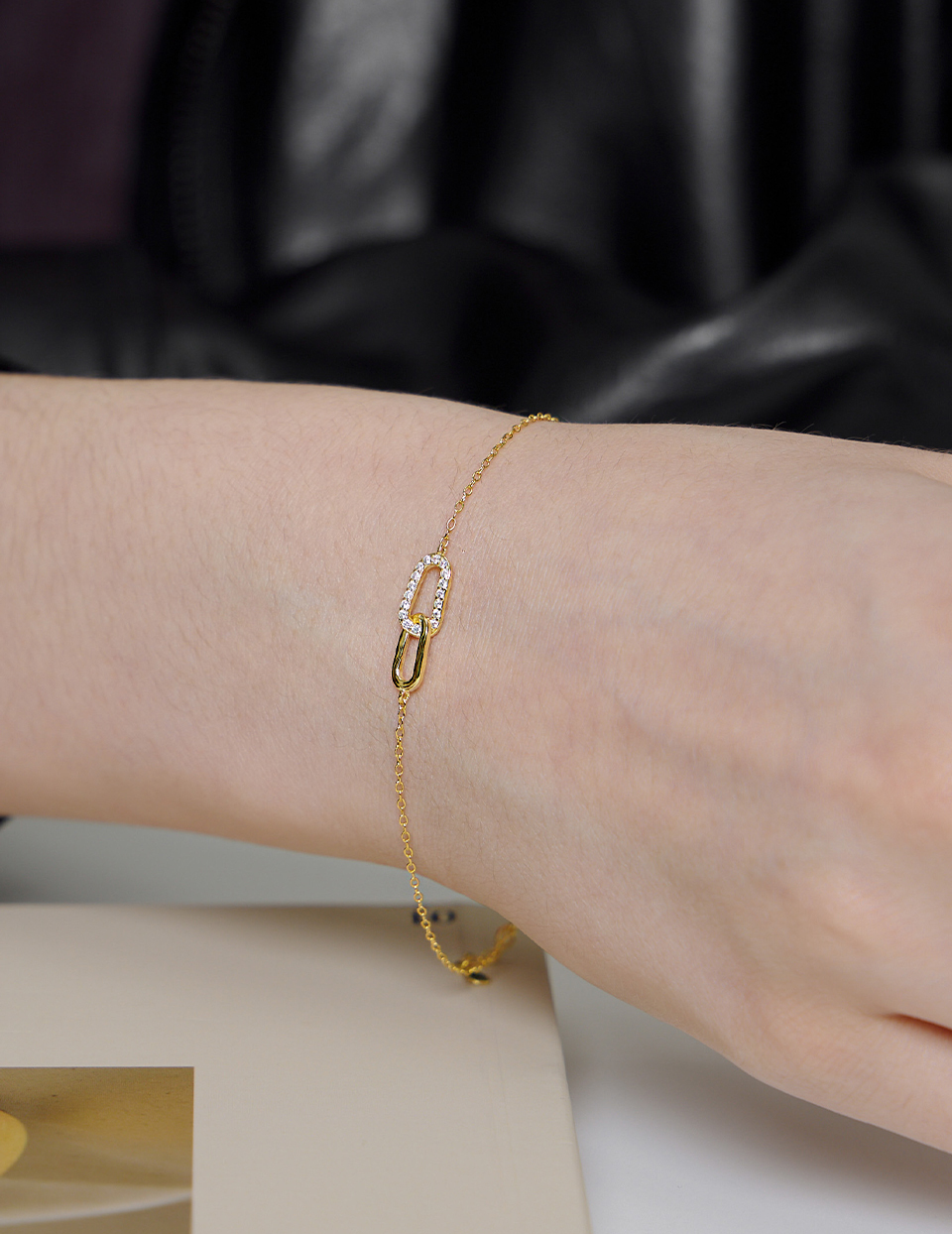 【925純銀】經典雙環滿鑽手鍊(金)