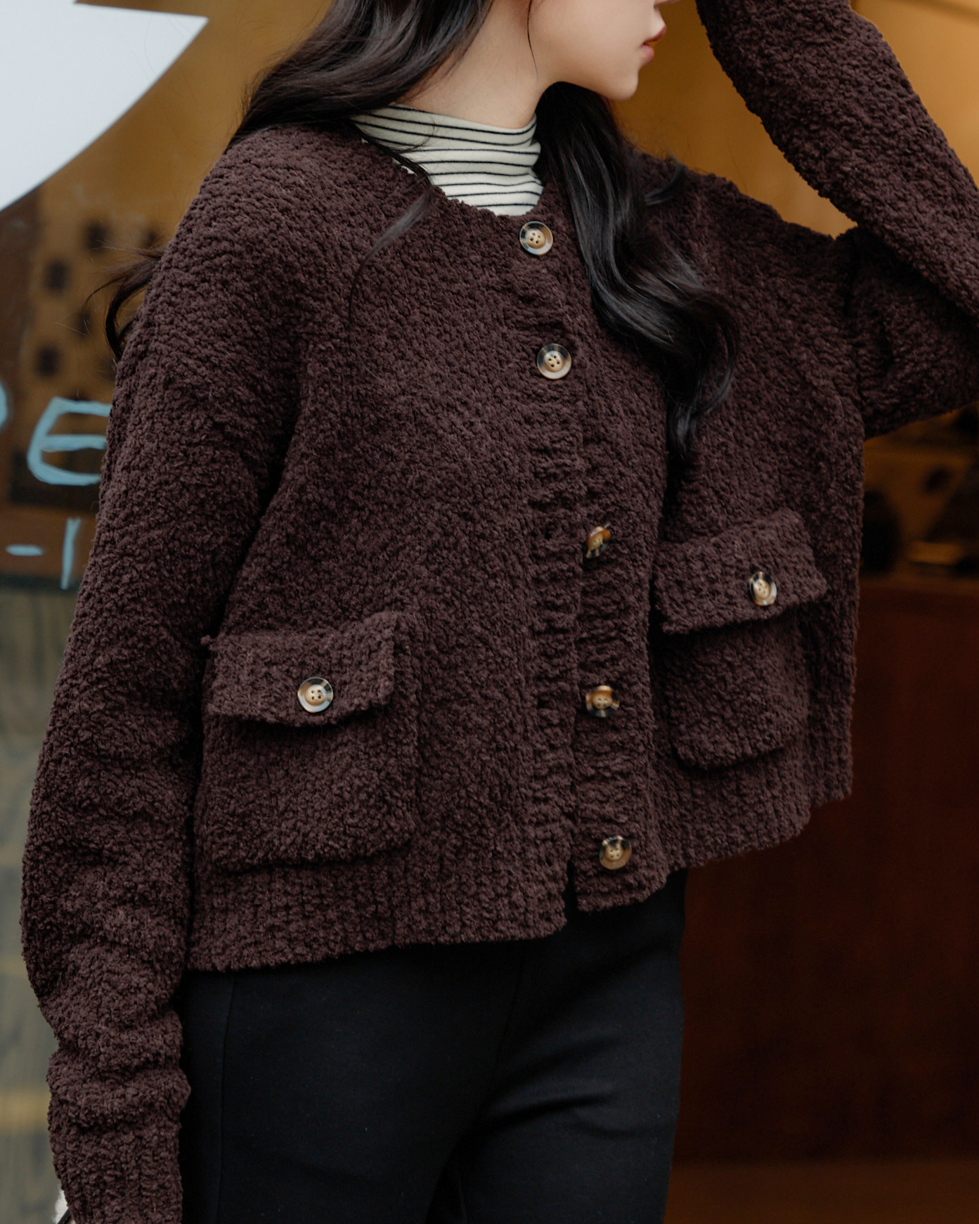 Gmade/Q 絨豆豆紗雙口袋針織開襟外套-深棕