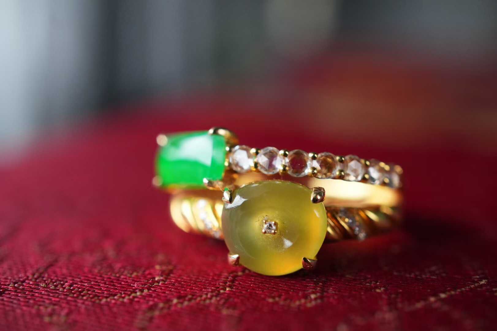 翡翠黃翡陽綠拼鑲戒指,天然翡翠A玉, 緬甸玉, Jade, Jadeite