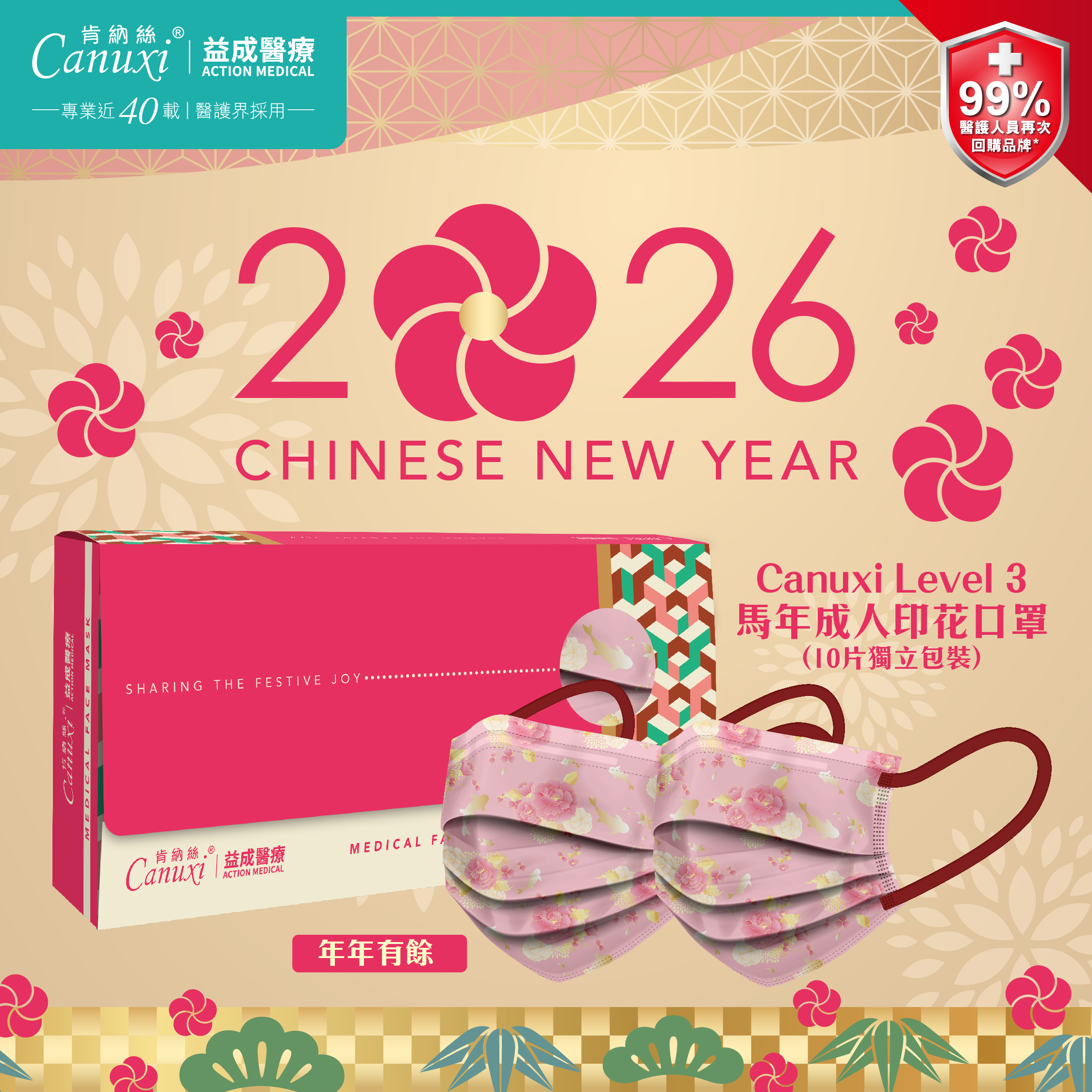Canuxi 馬年成人印花口罩 ASTM Level 3 (10片獨立包裝) - 年年有餘 (粉紅色)