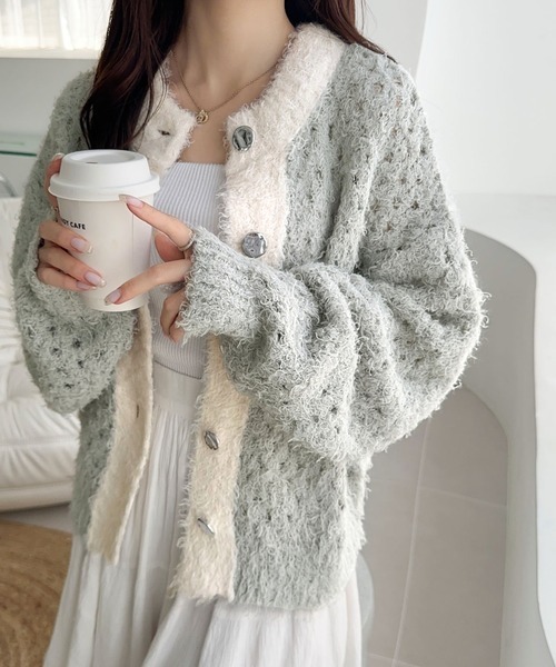 日本🇯🇵連線 Mily Bilet 雙色造型金屬扣羽毛針織開襟衫 2WAY 多種穿法 針織 開襟衫 針織衫 羽毛 長袖 3色(任買兩件711免運)/預購