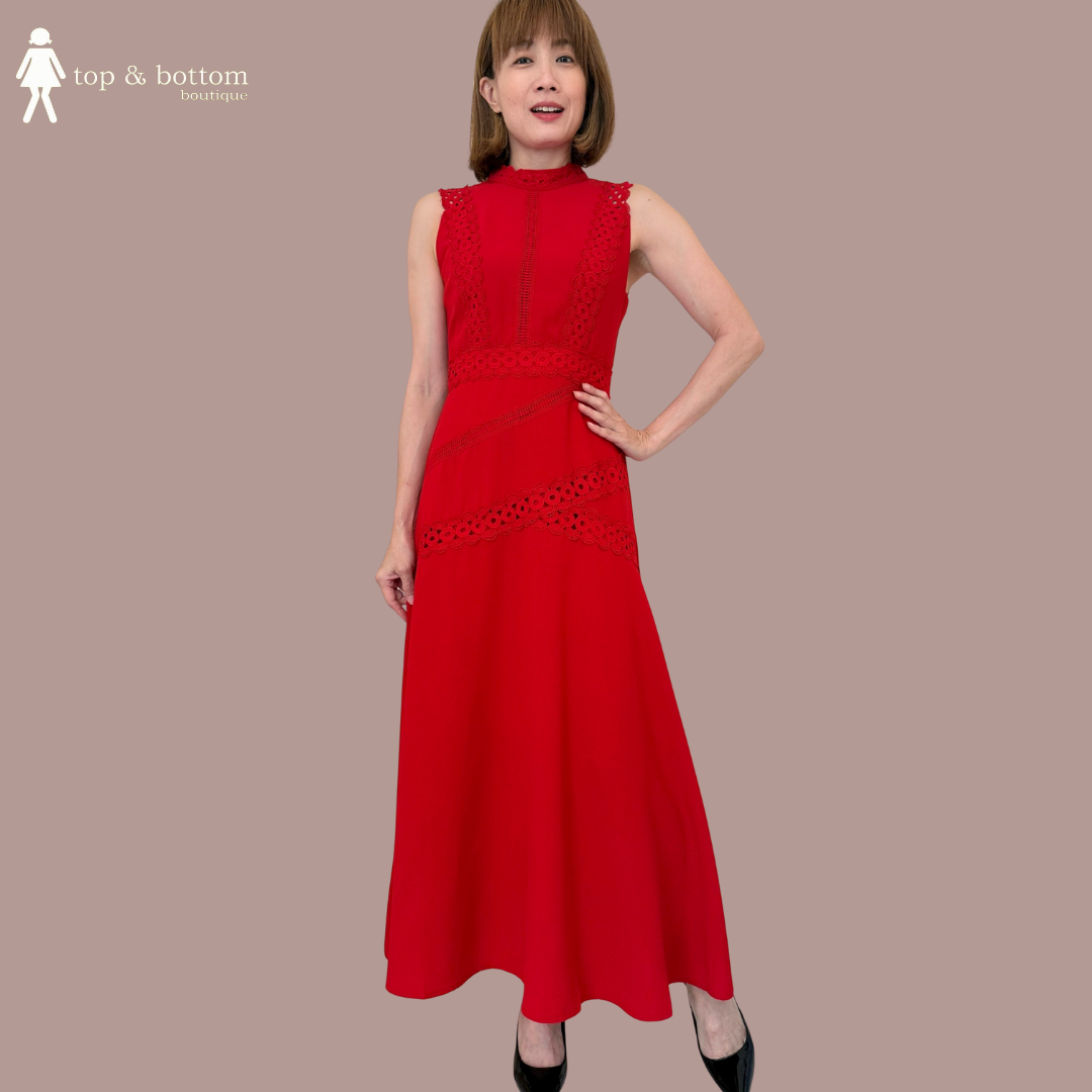 SLEEVELESS CHIFFON MIDI DRESS WITH COTTON LACE DETAILS