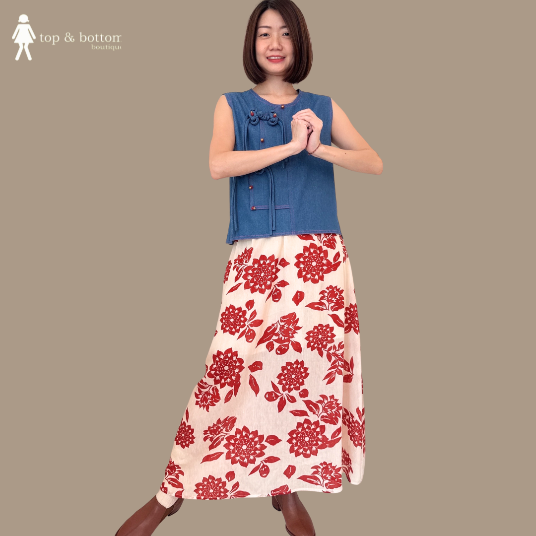 SLEEVELESS DENIM ORIENTAL BLOUSE