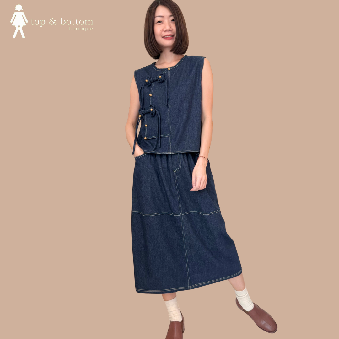 SLEEVELESS DENIM ORIENTAL BLOUSE