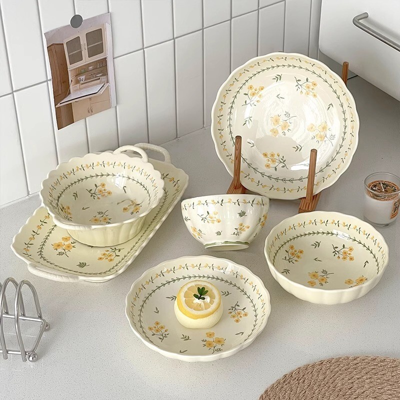 《6519》復古黃釉春意陶瓷餐盤