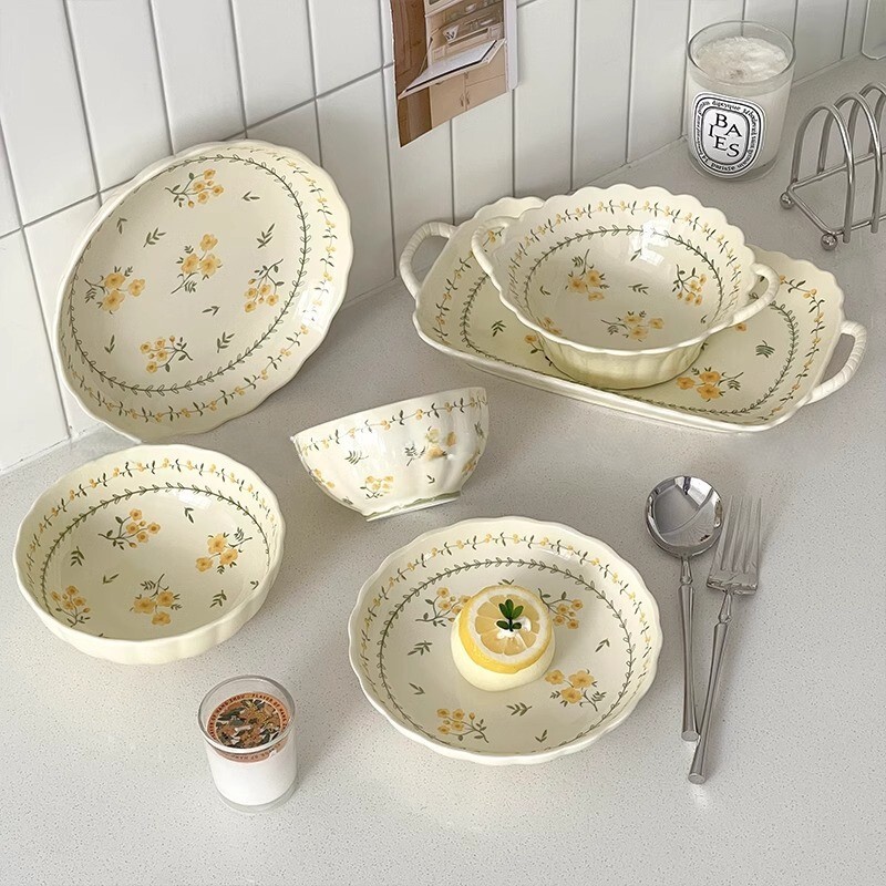 《6519》復古黃釉春意陶瓷餐盤