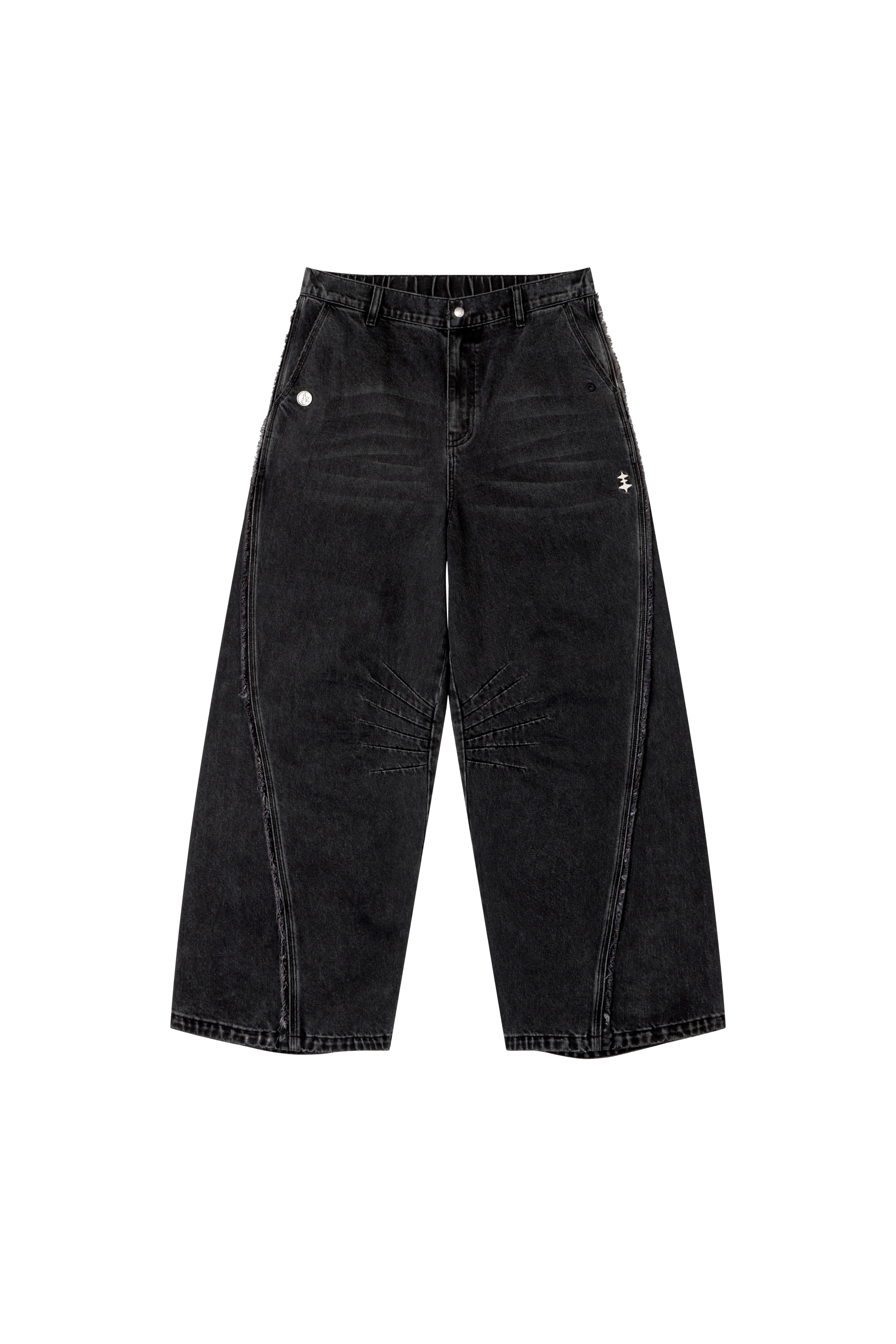 SPLICED RAW EDGE BAGGY JEANS - WASHED BLACK