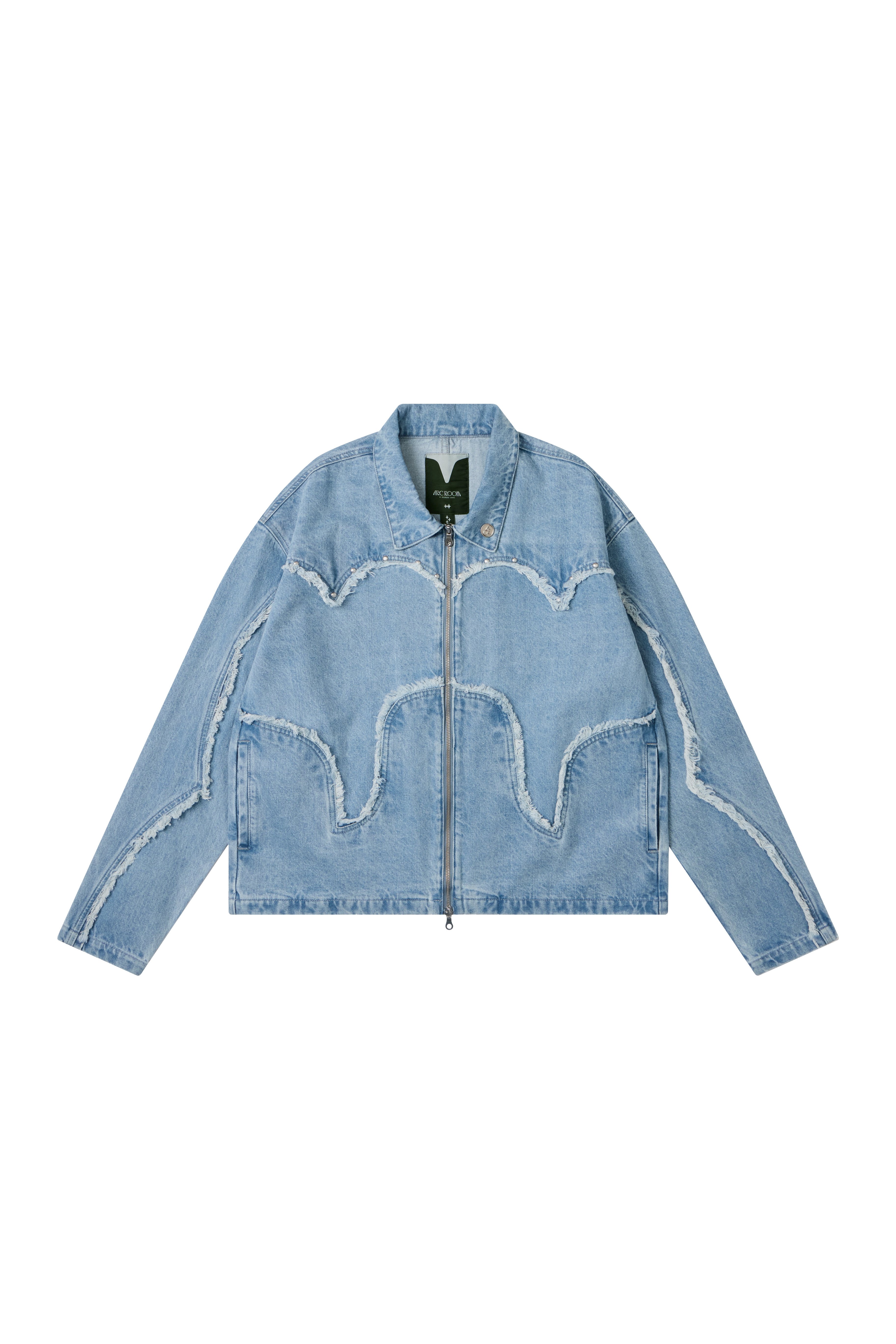 SPLICED RAW EDGE CROPPED JACKET - DENIM