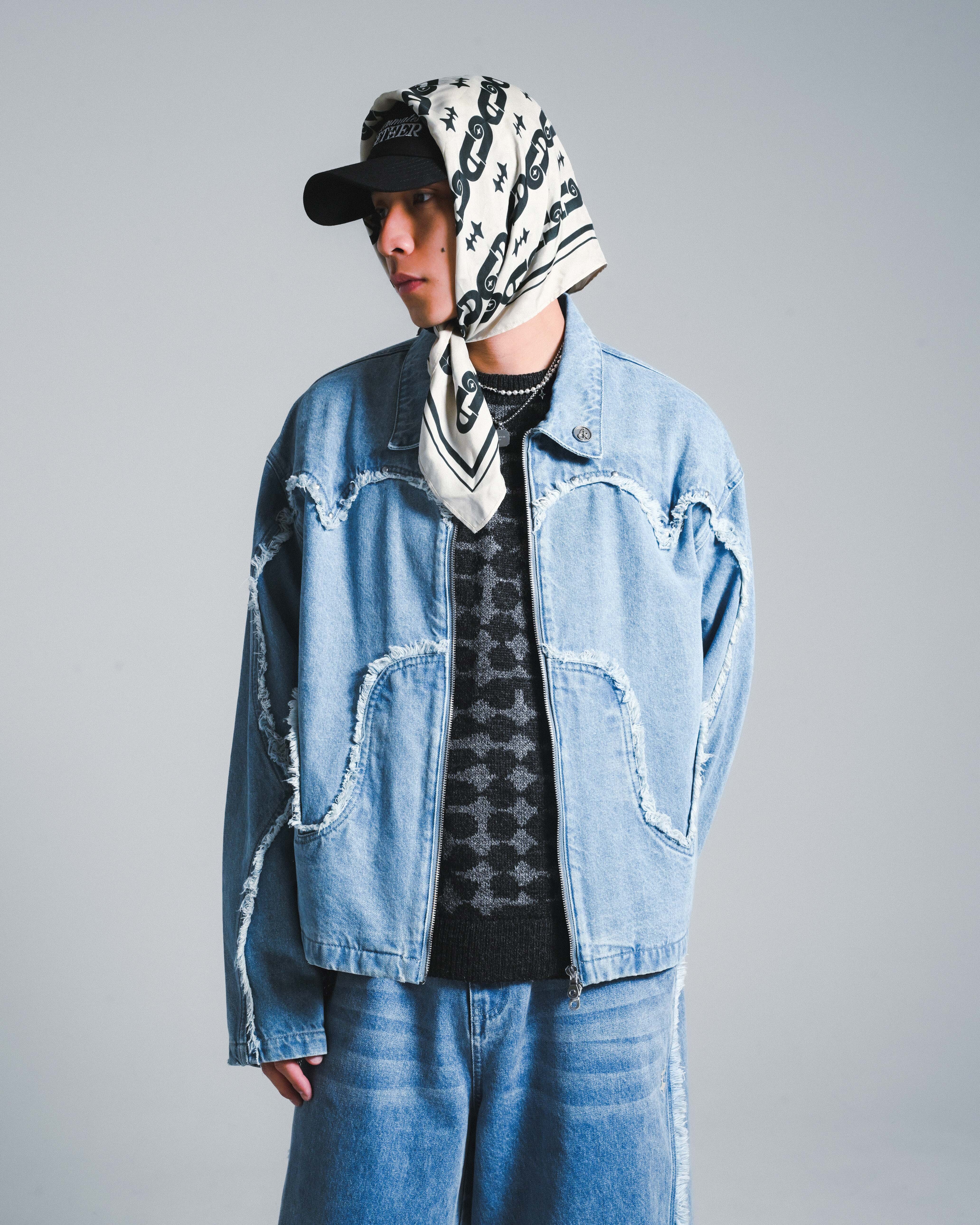 SPLICED RAW EDGE CROPPED JACKET - DENIM