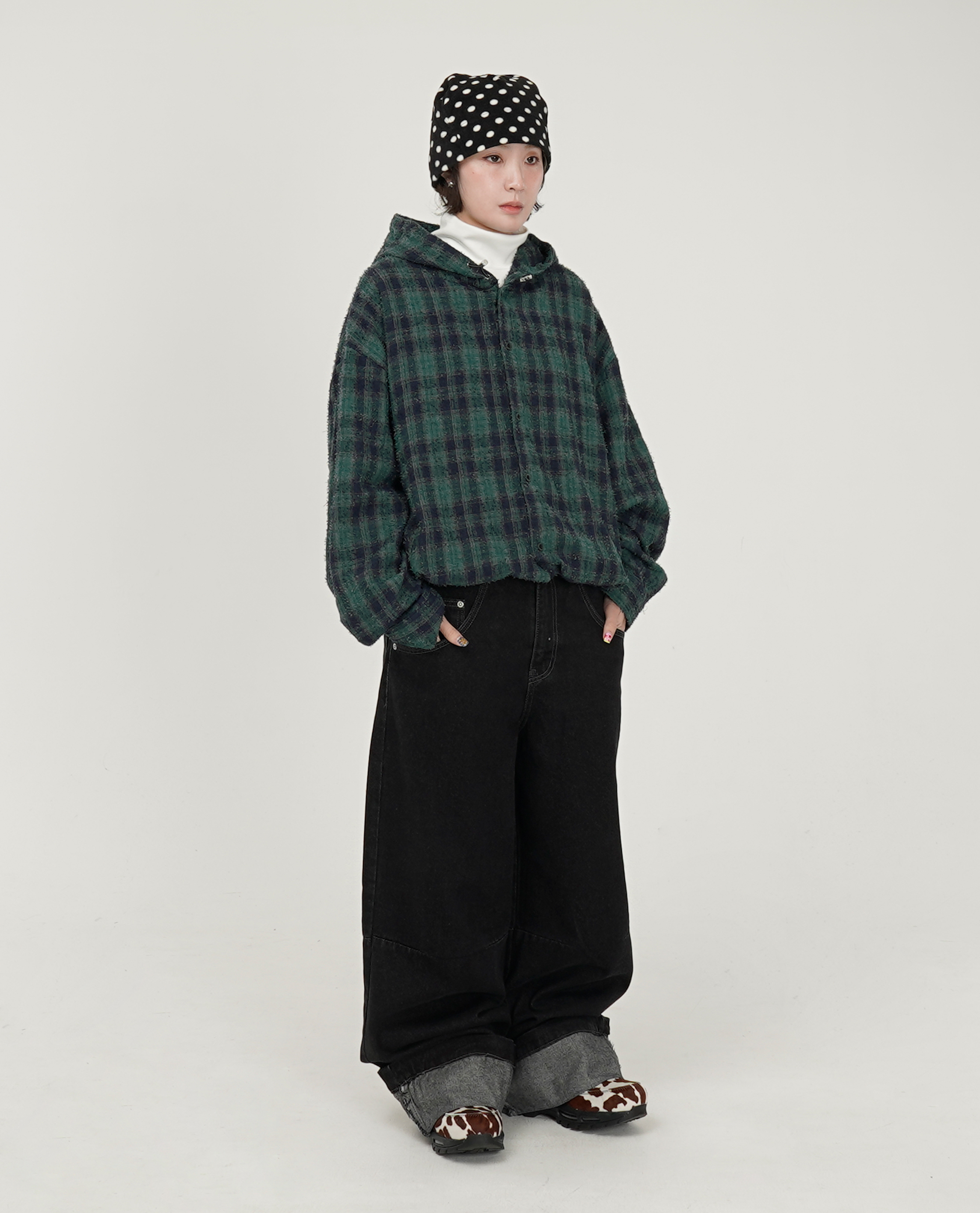 破壞格紋連帽襯衫