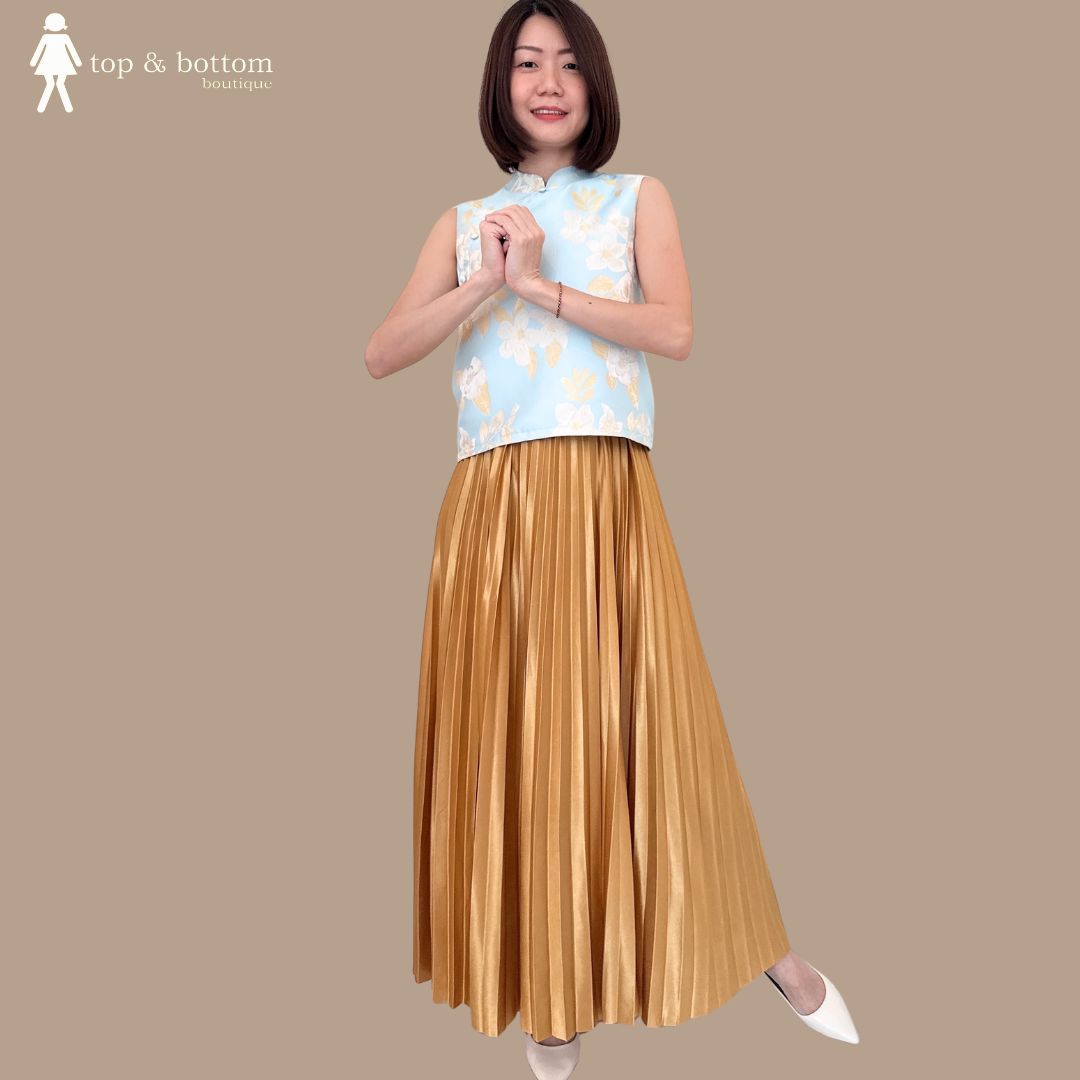 ELASTIC WAISTED SATIN PLEATED LONG SKIRT