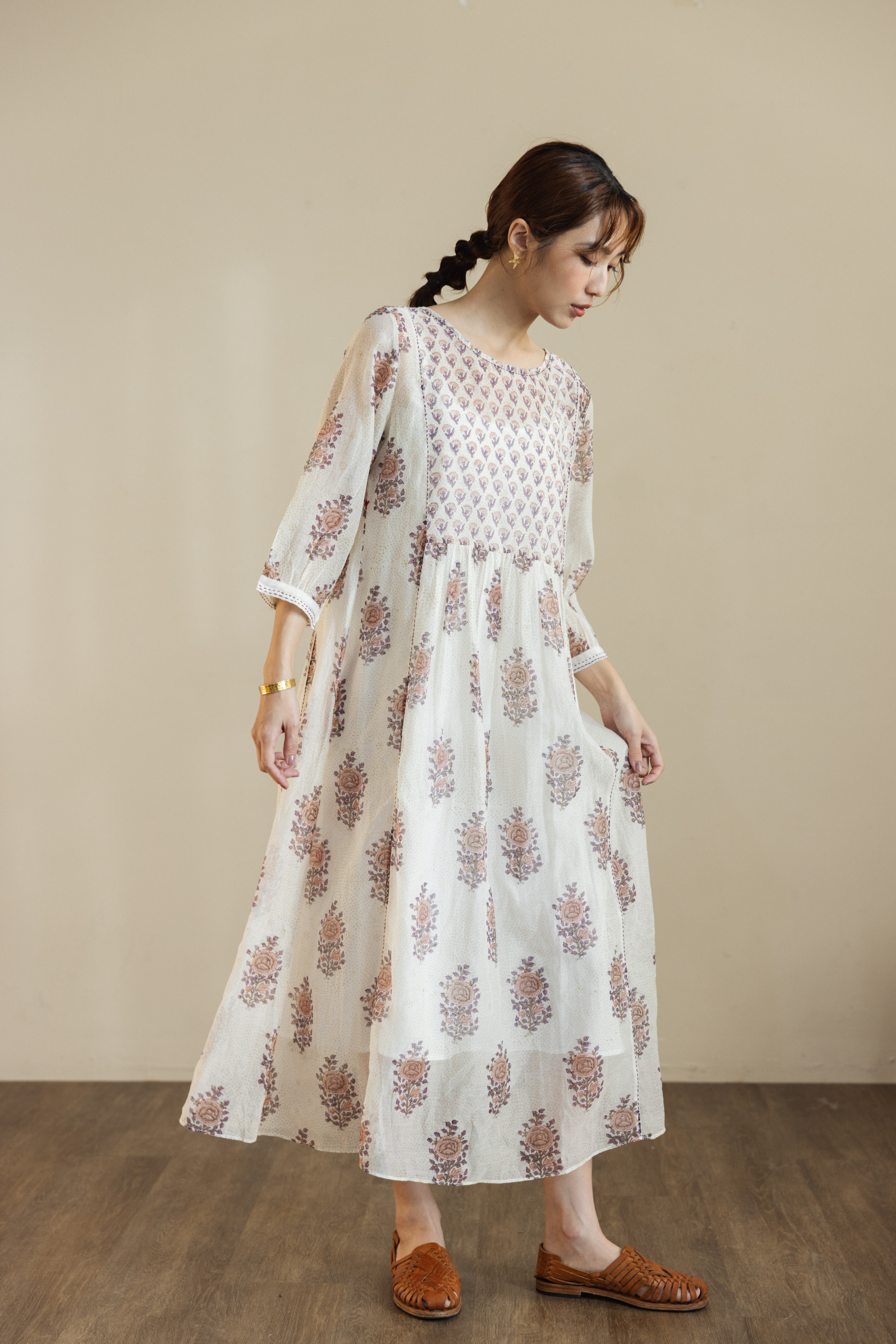 【Lotus veda】後扣紫花絲棉洋裝