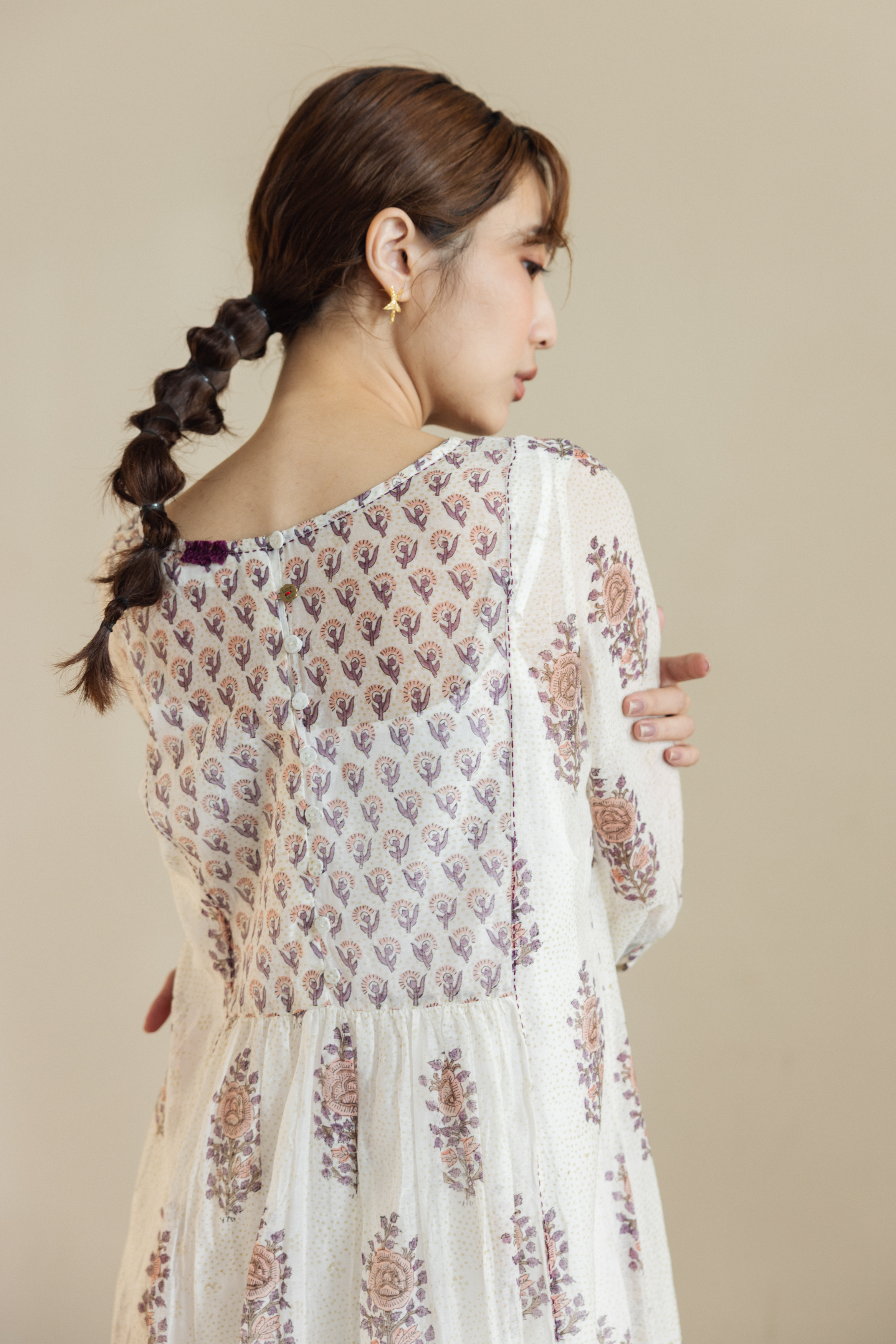 【Lotus veda】後扣紫花絲棉洋裝