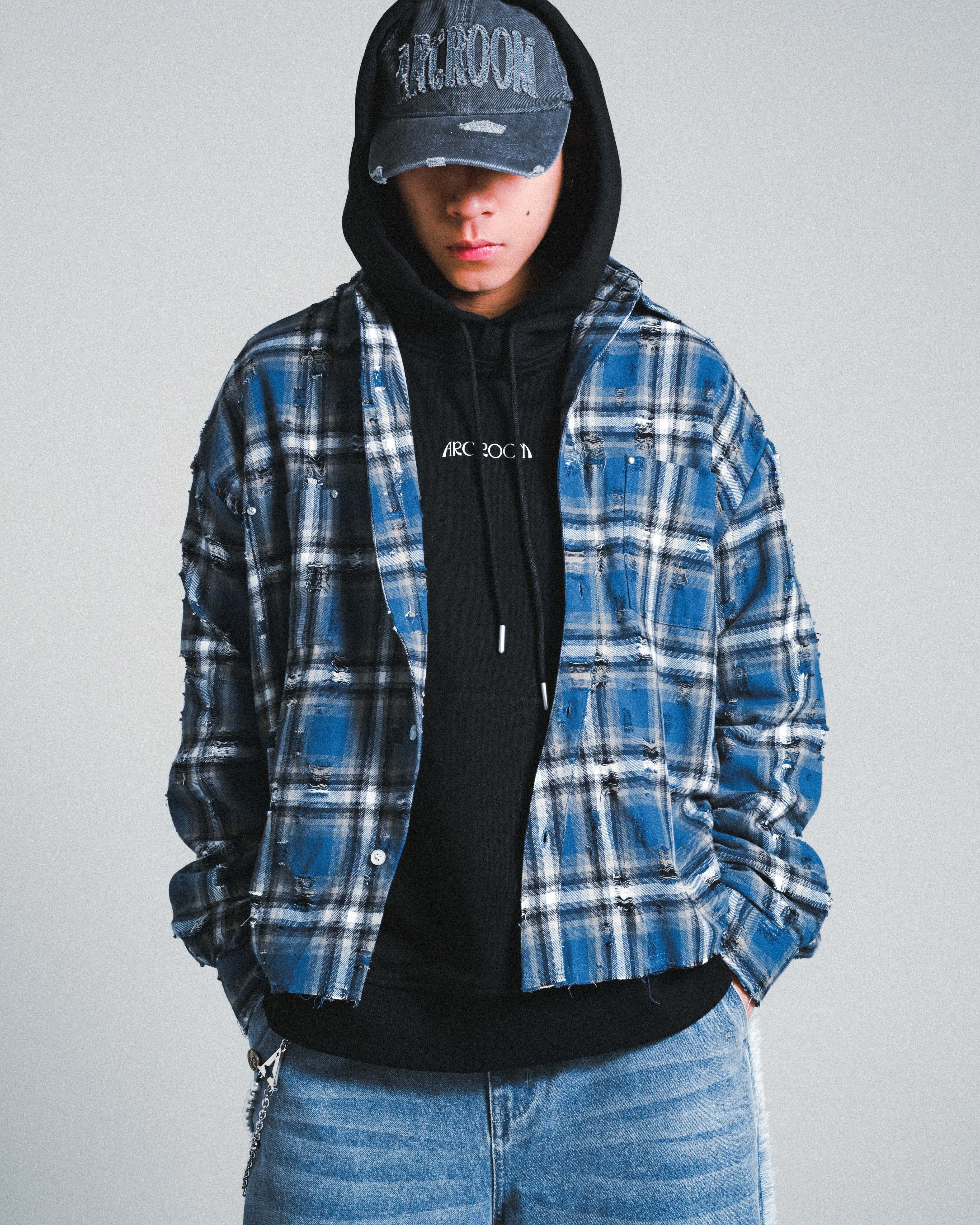 DAMAGED CHECKERED SHIRT - BLUE