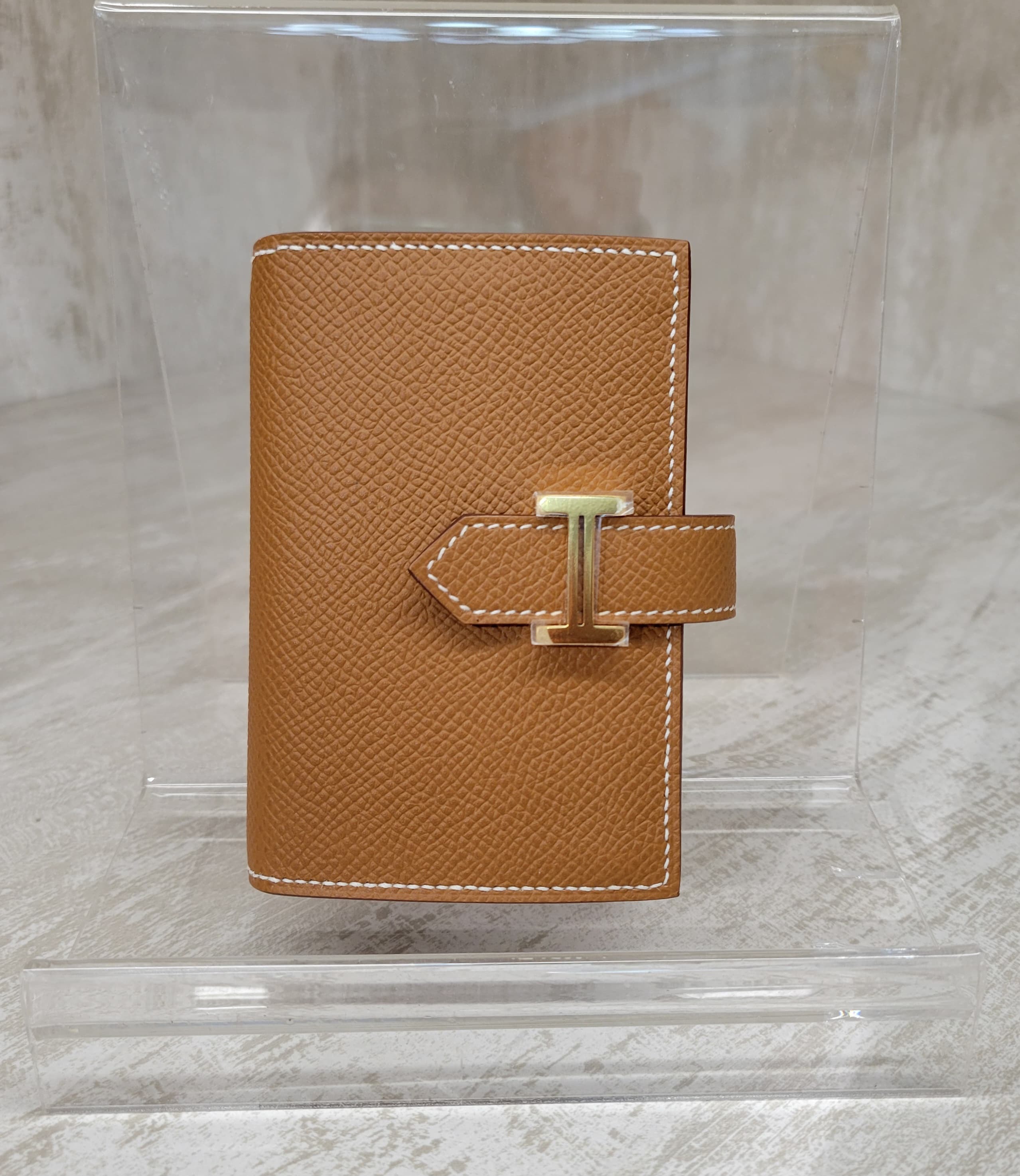 未使用品 UNUSED/99 %NEW HERMES MINI BEARN CARD HOLDER GOLD CC (CARD &COINS) 卡包 金棕 金扣