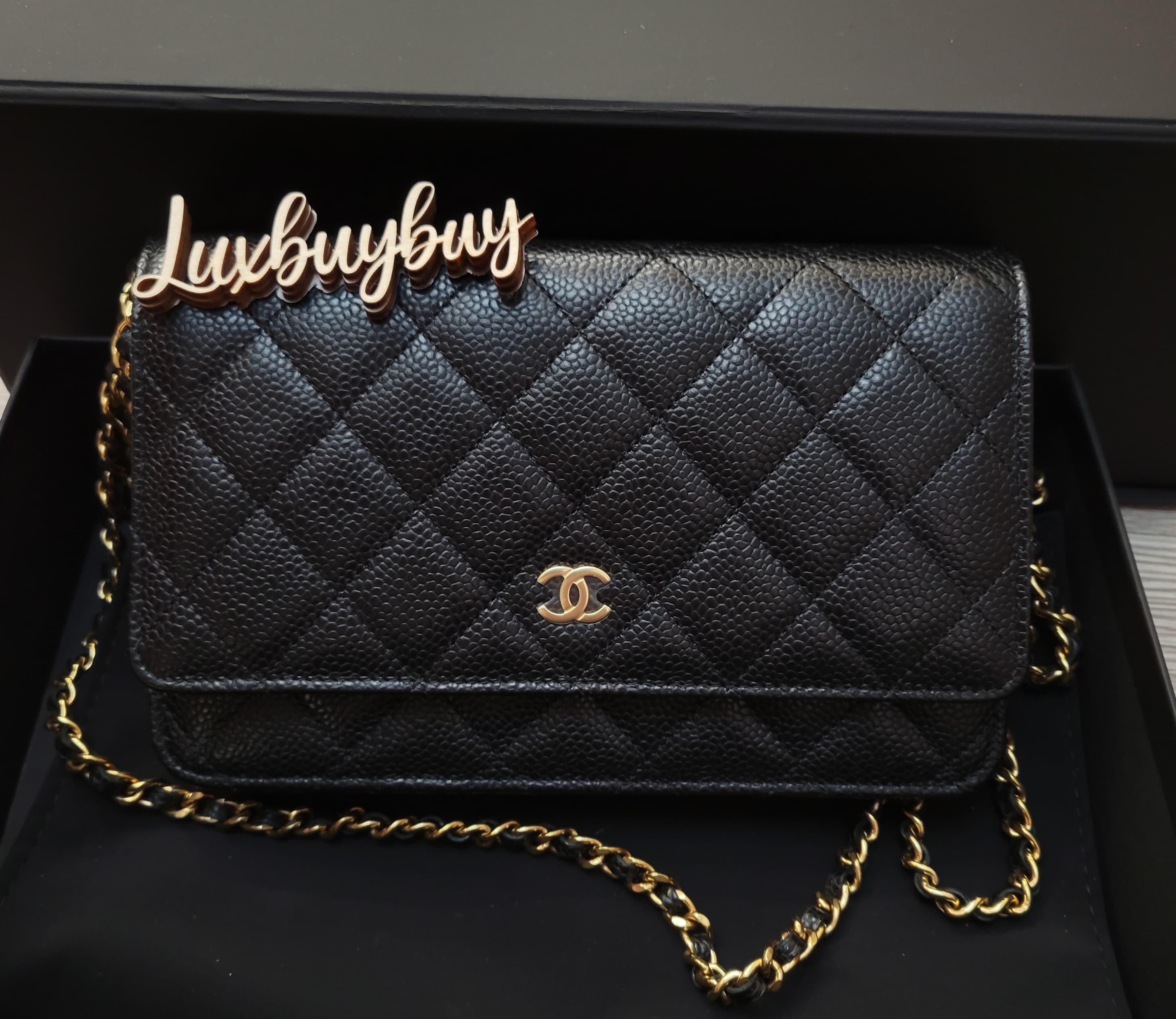 Unused Chanel AP0250 woc 黑色荔枝皮金扣