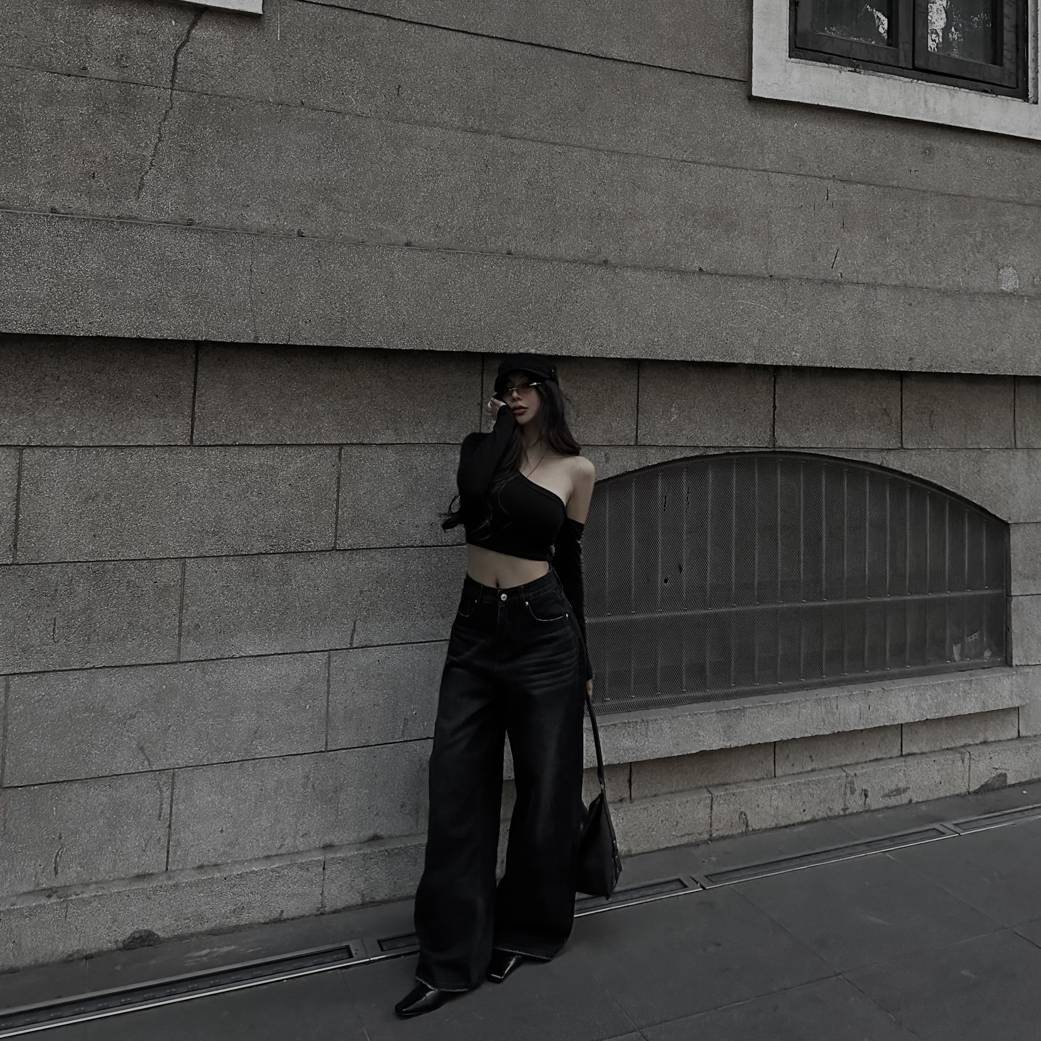 洗水重磅，碳黑闊腿落地寬牛仔褲（梨形強推）