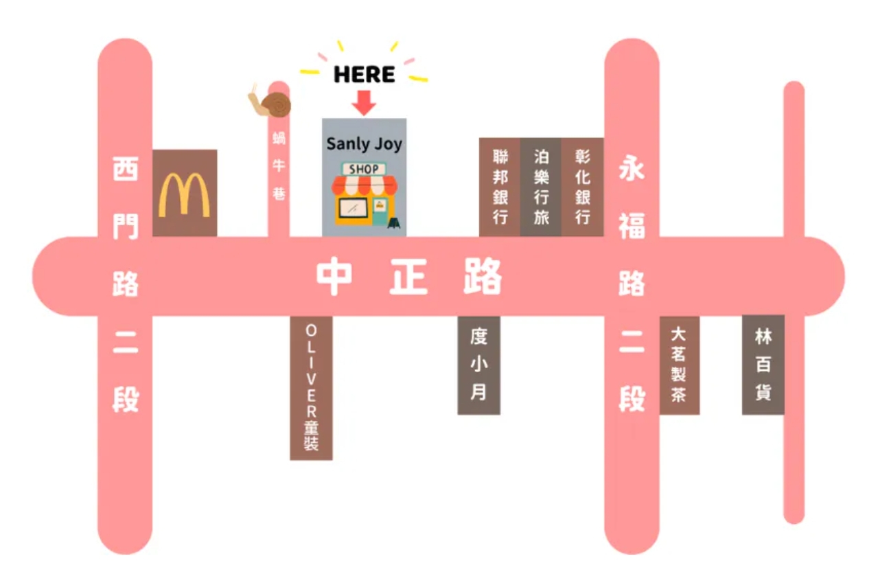Sanly Joy 台南中正門市位置地圖，鄰近林百貨、台南美術館二館與國華街步行僅 5 分鐘，是台南中西區古蹟散步路線的最佳歇腳處與台灣製好走女鞋店推薦。