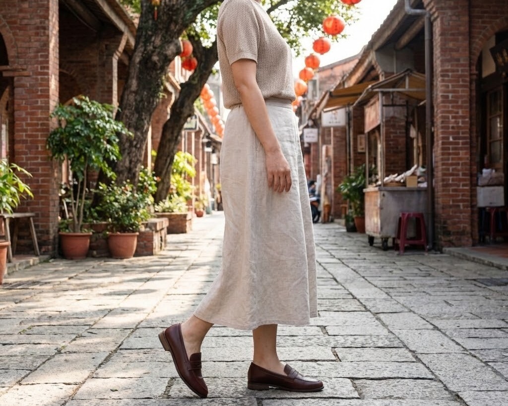 台南旅遊適合的鞋款，分析 Sanly Joy 真皮手工鞋的透氣度與軟底優勢，強調豚皮吸汗內裡適合南部炎熱氣候，是漫步古都久走不累的必備好鞋。